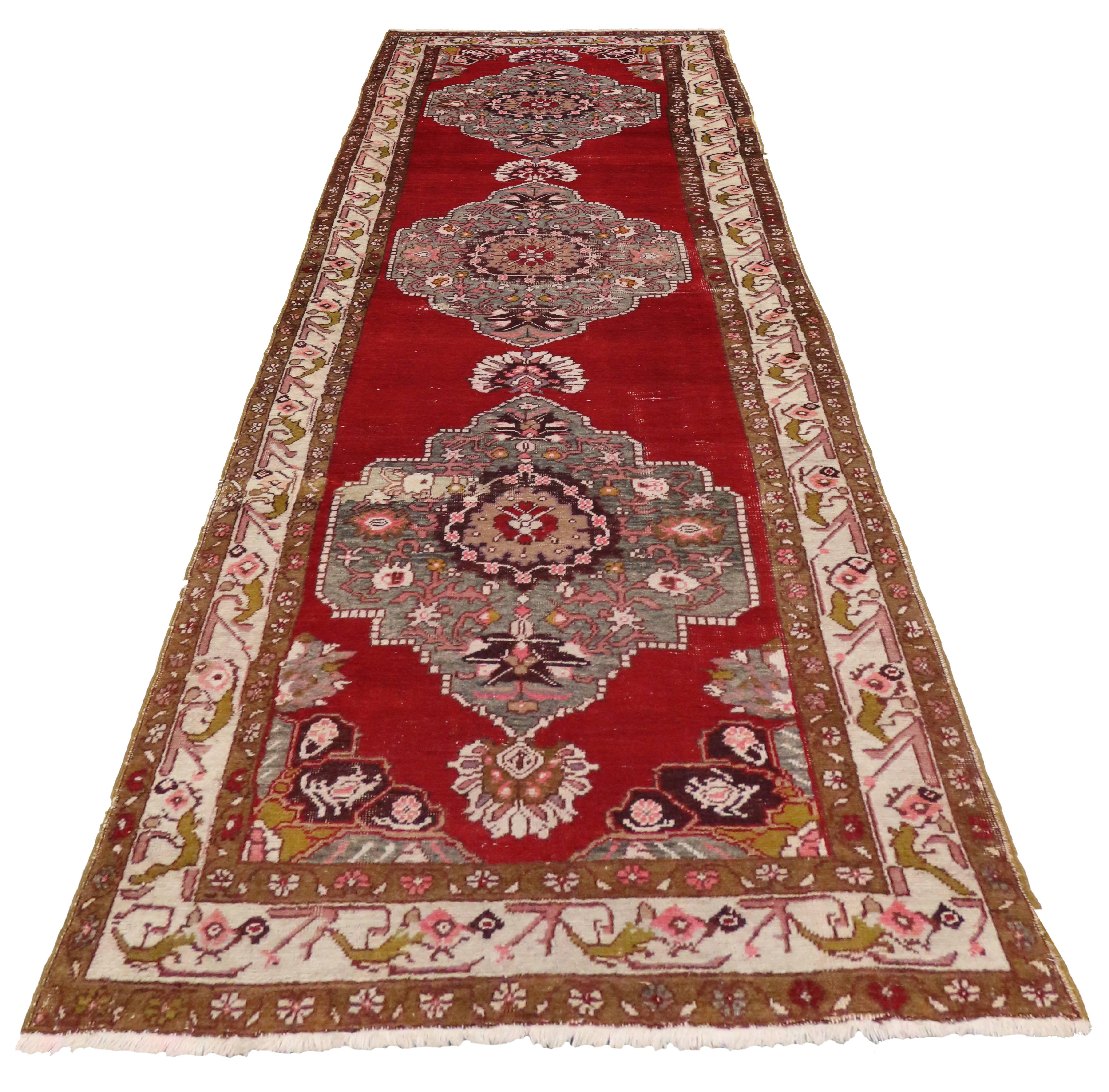 Wool Vintage Turkish Oushak Runner with Tribal Style, Hallway Runner For Sale