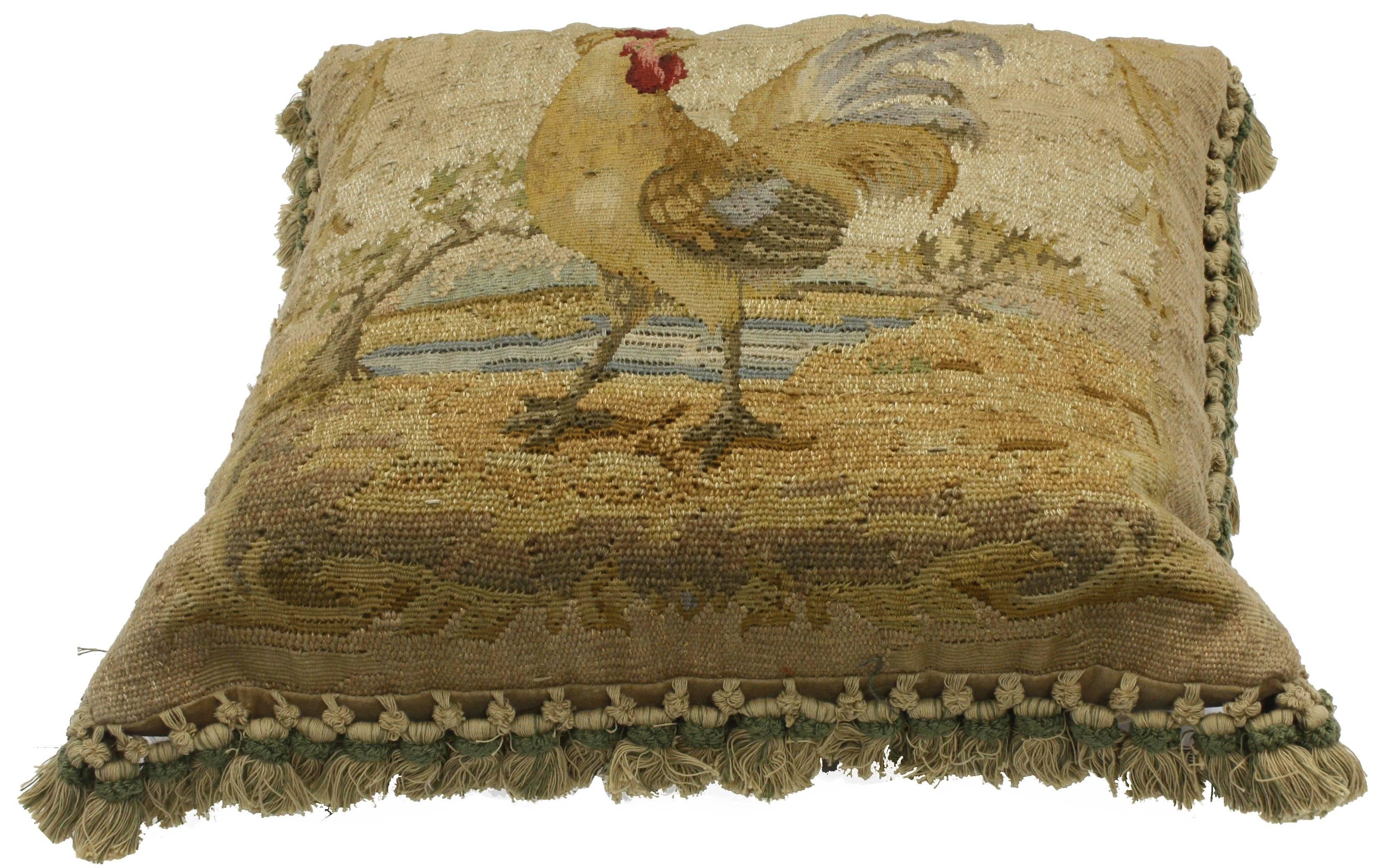 French Late 19th Century Antique European Tapestry Pillow with Rooster
