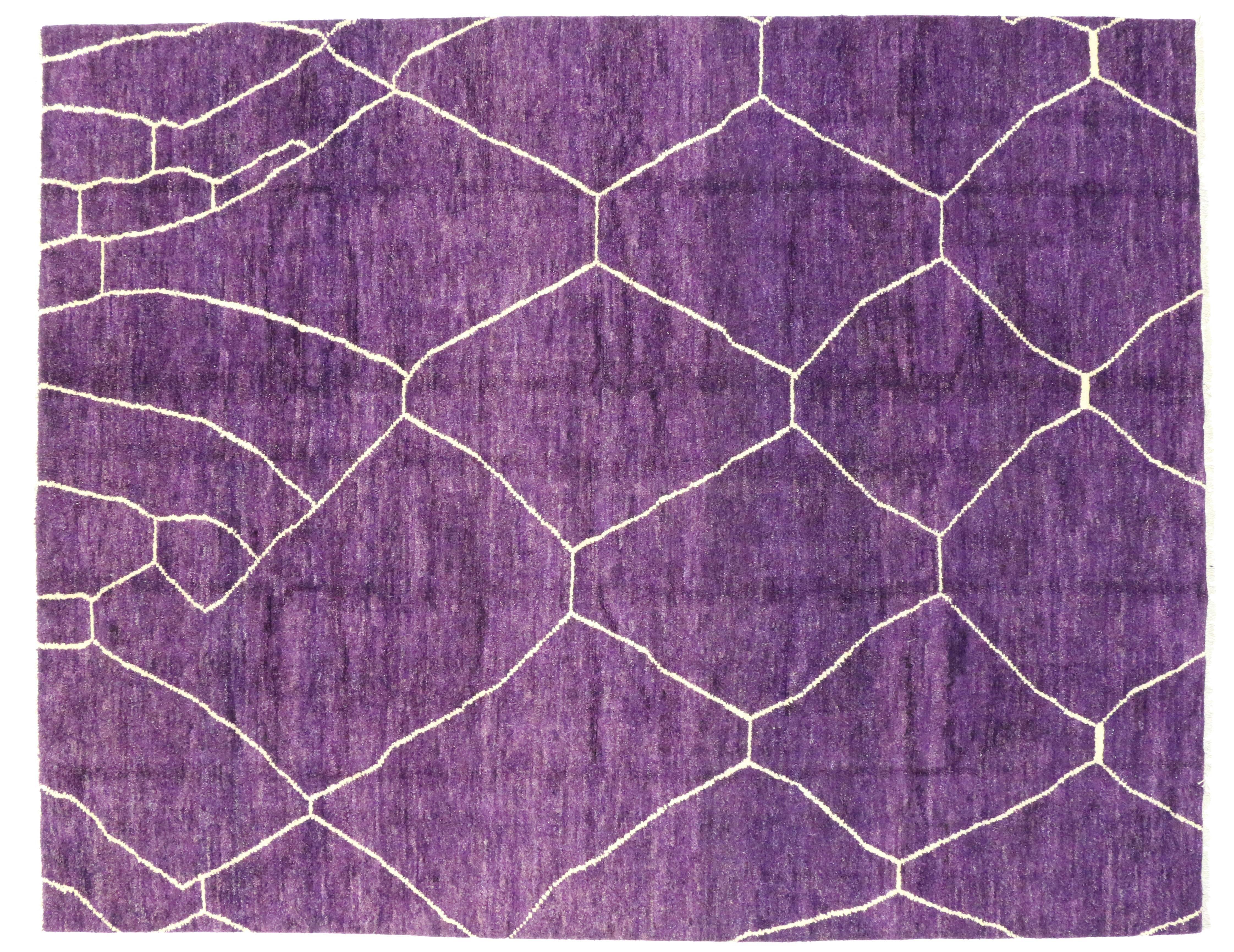 Hand-Knotted Contemporary Purple Amethyst Moroccan Style Rug with Boho Chic Style