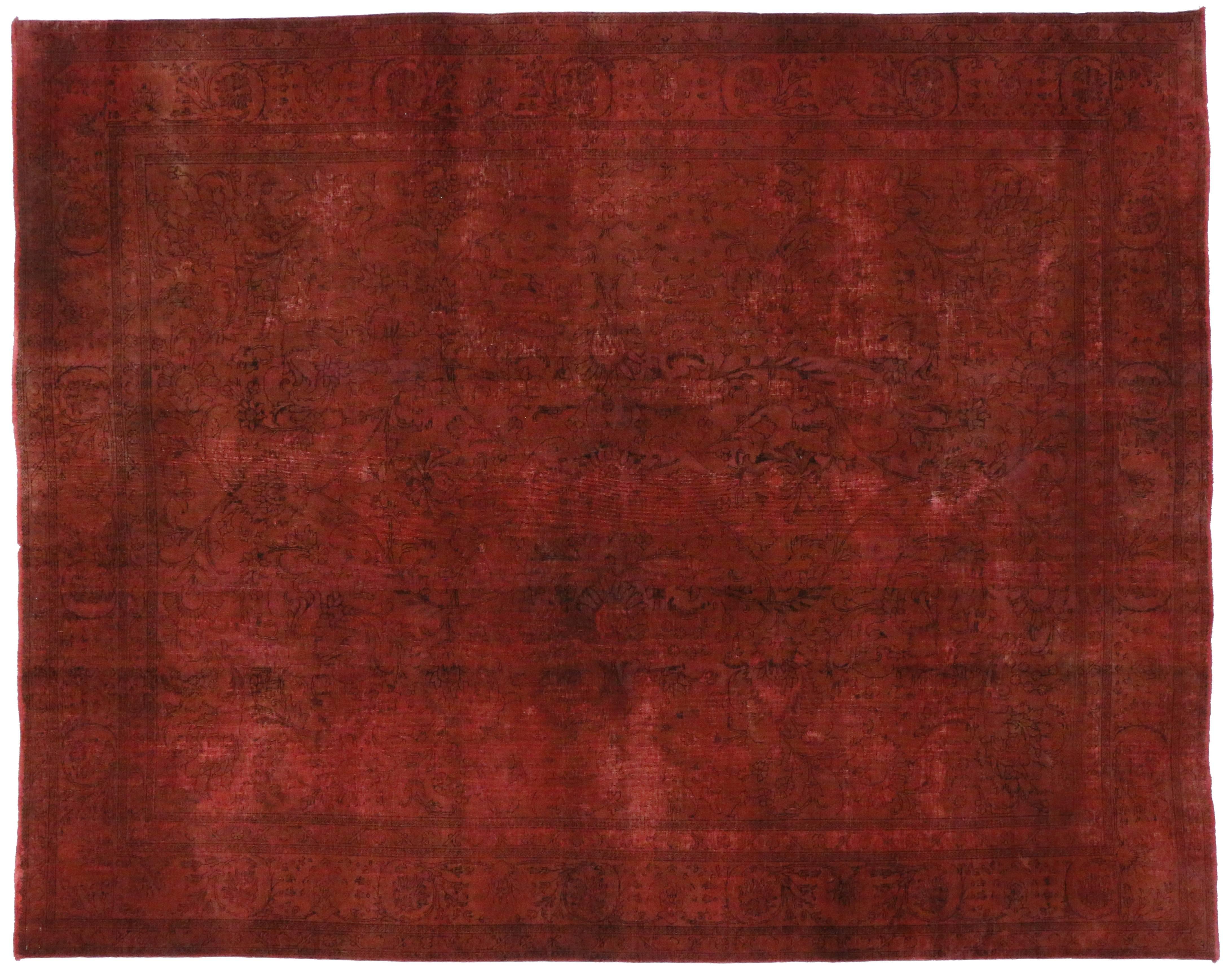 Distressed Overdyed Red Persian Area Rug with Luxe Industrial Style 1