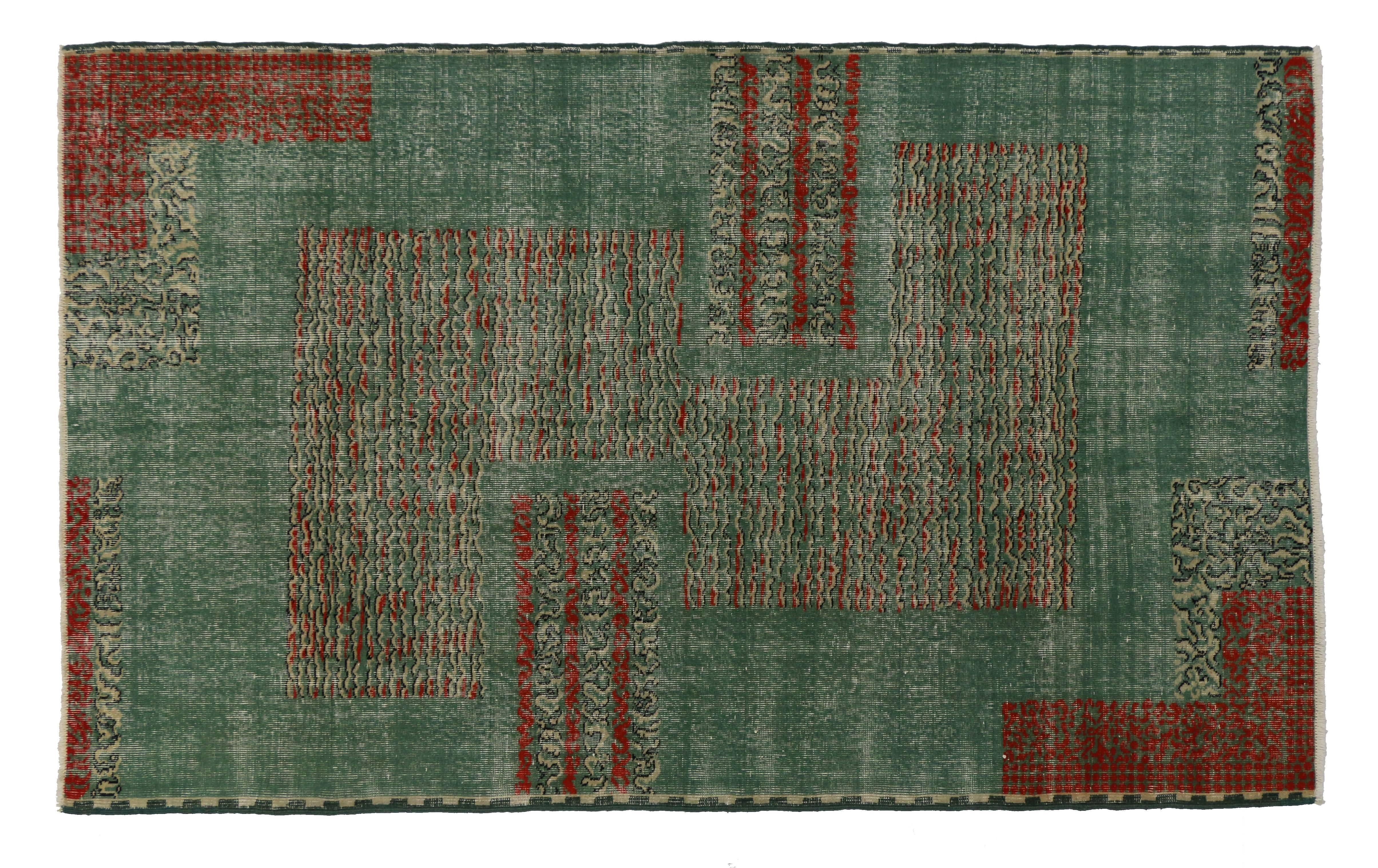 Hand-Knotted Distressed Vintage Turkish Sivas Rug with Postmodern Industrial Bauhaus Style