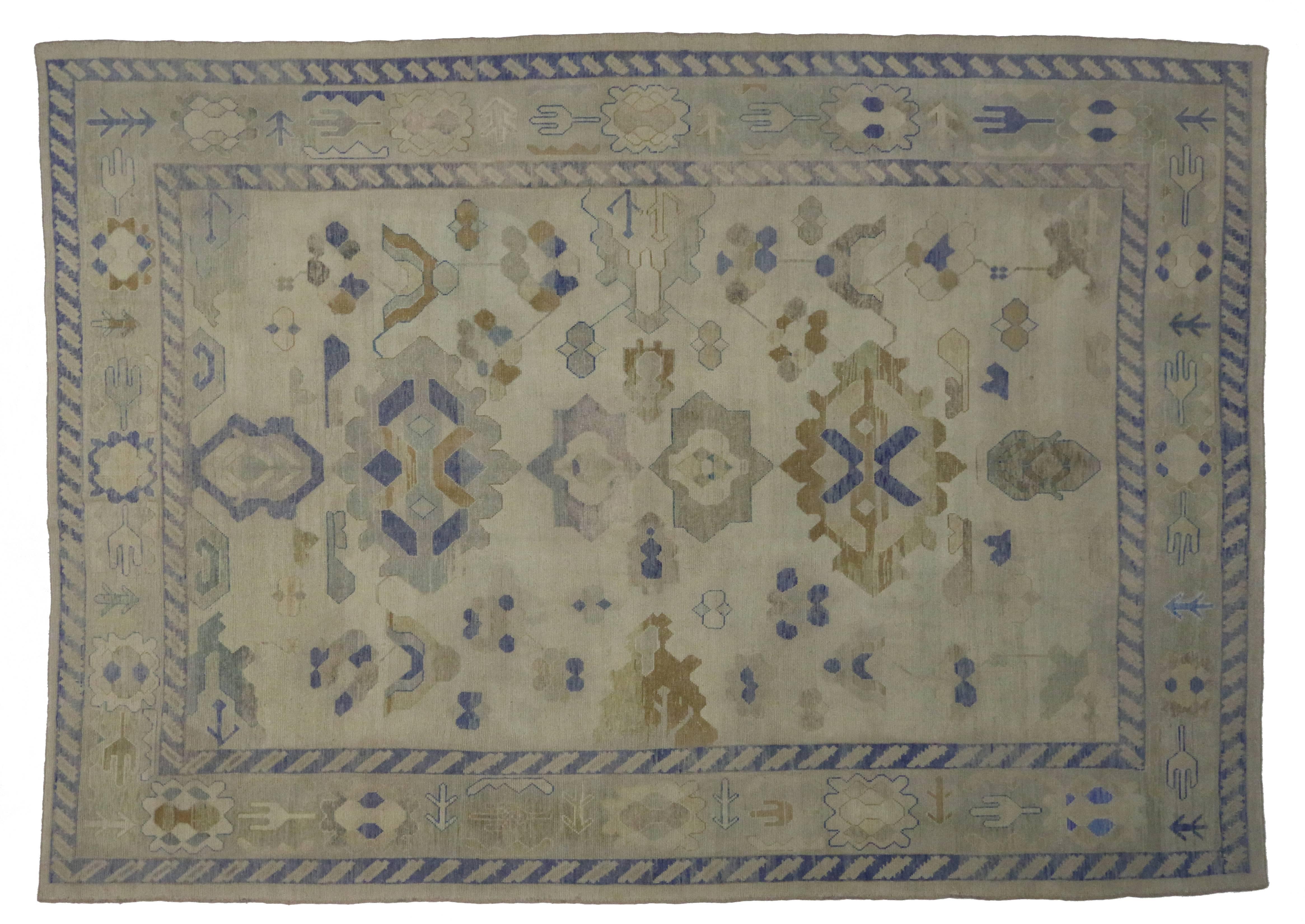 Modern Turkish Oushak Rug with Transitional Style in Coastal Colors In Excellent Condition In Dallas, TX