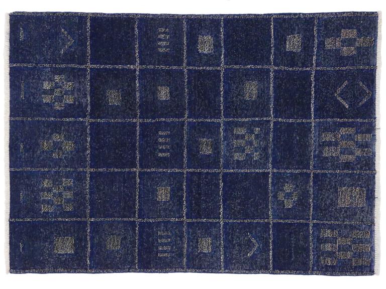 Contemporary Moroccan Style Rug in Cobalt Blue High Low Pile, Two Layer