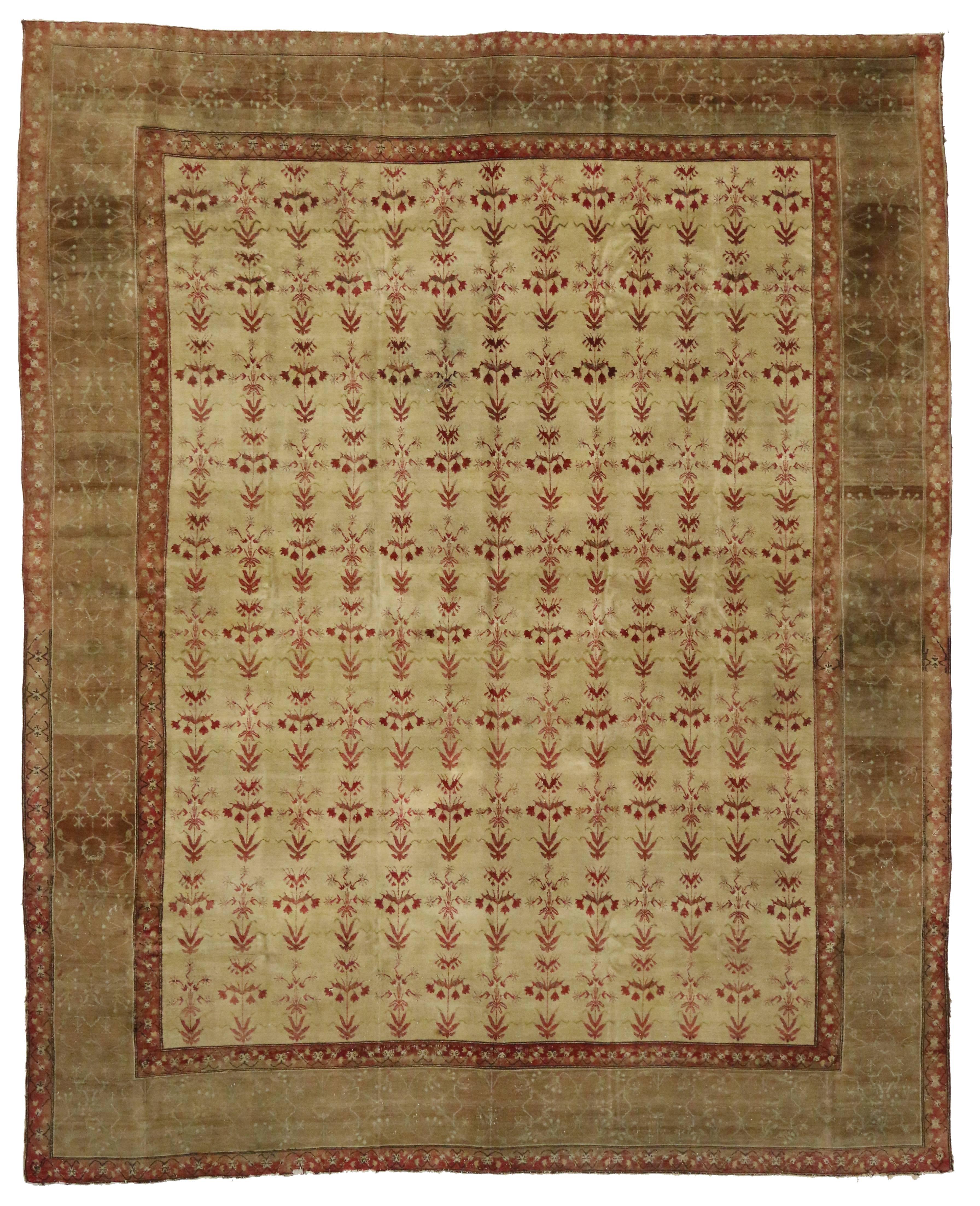 Wool 1880s Oversized Antique Indian Agra Rug Hotel Lobby Size Carpet For Sale