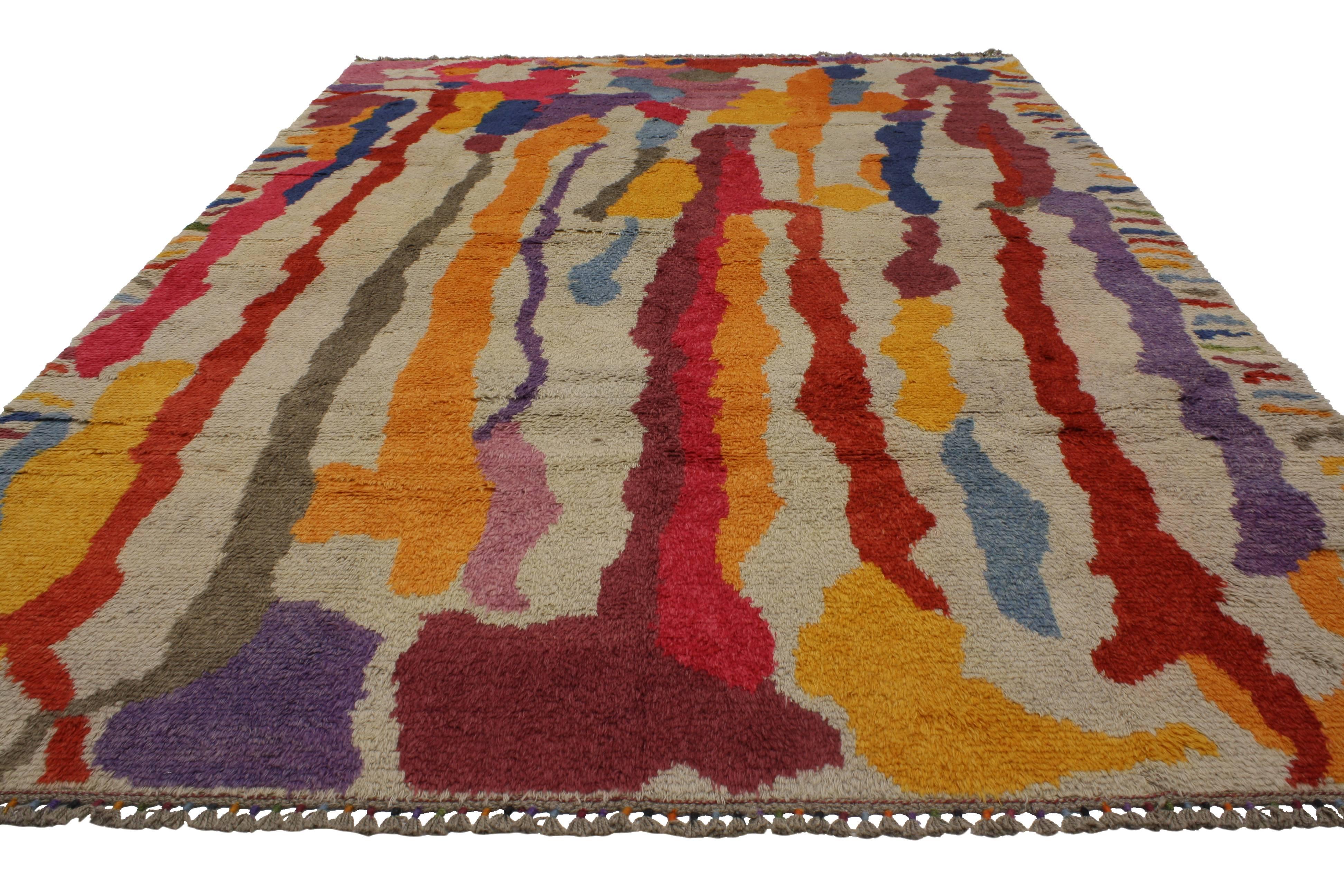 Hand-Knotted Modern Turkish Tulu Shag Rug with Contemporary Abstract Paint Drip Style