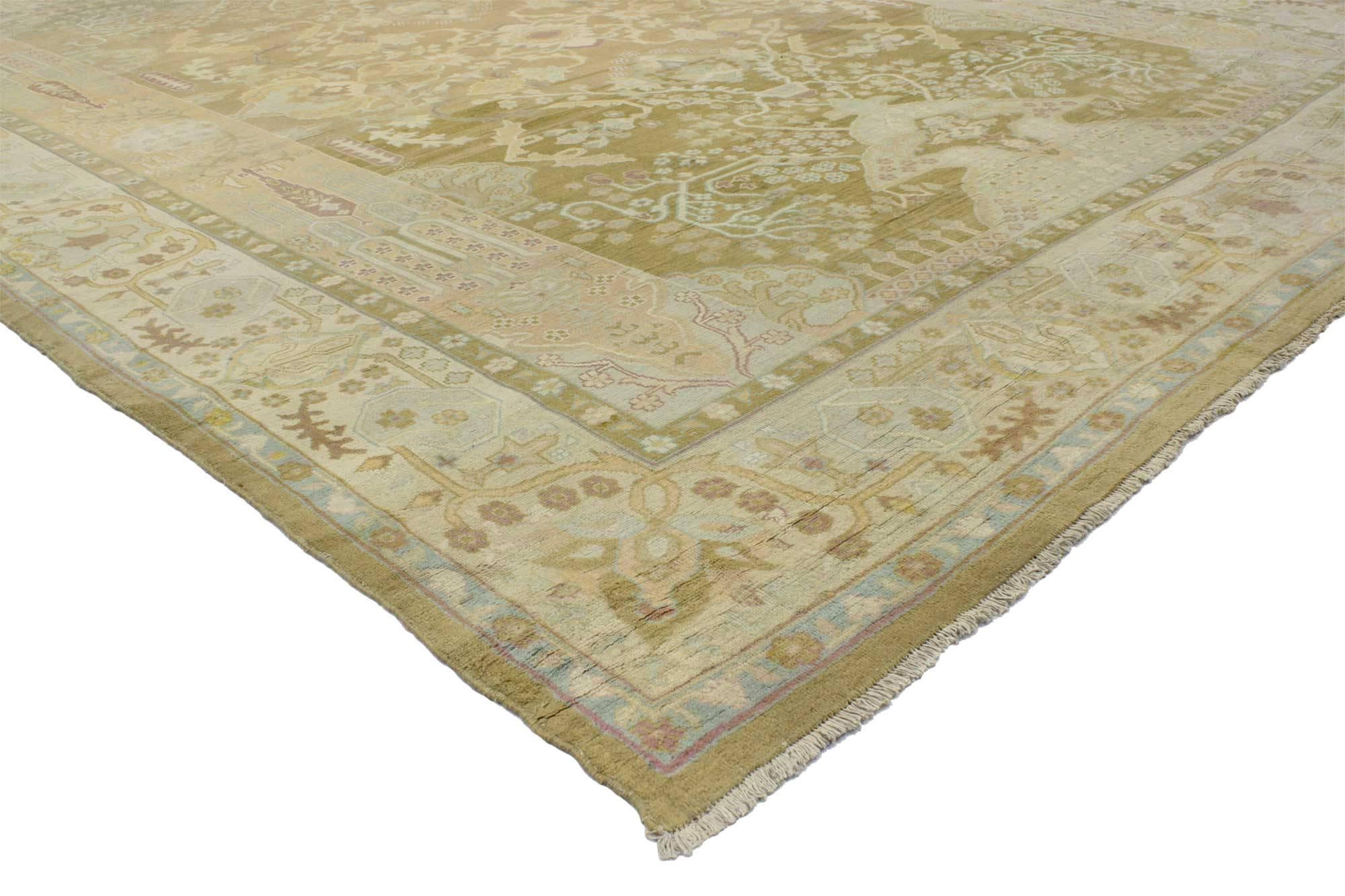 73595 Antique Indian Area Rug 09'09 x 12'05. Quiet luxurious beauty and soft, bespoke vibes, this hand-knotted wool antique Indian Agra features an extravagant geometric design with grand scale motifs in soft earth-toned colors. Rich waves of abrash