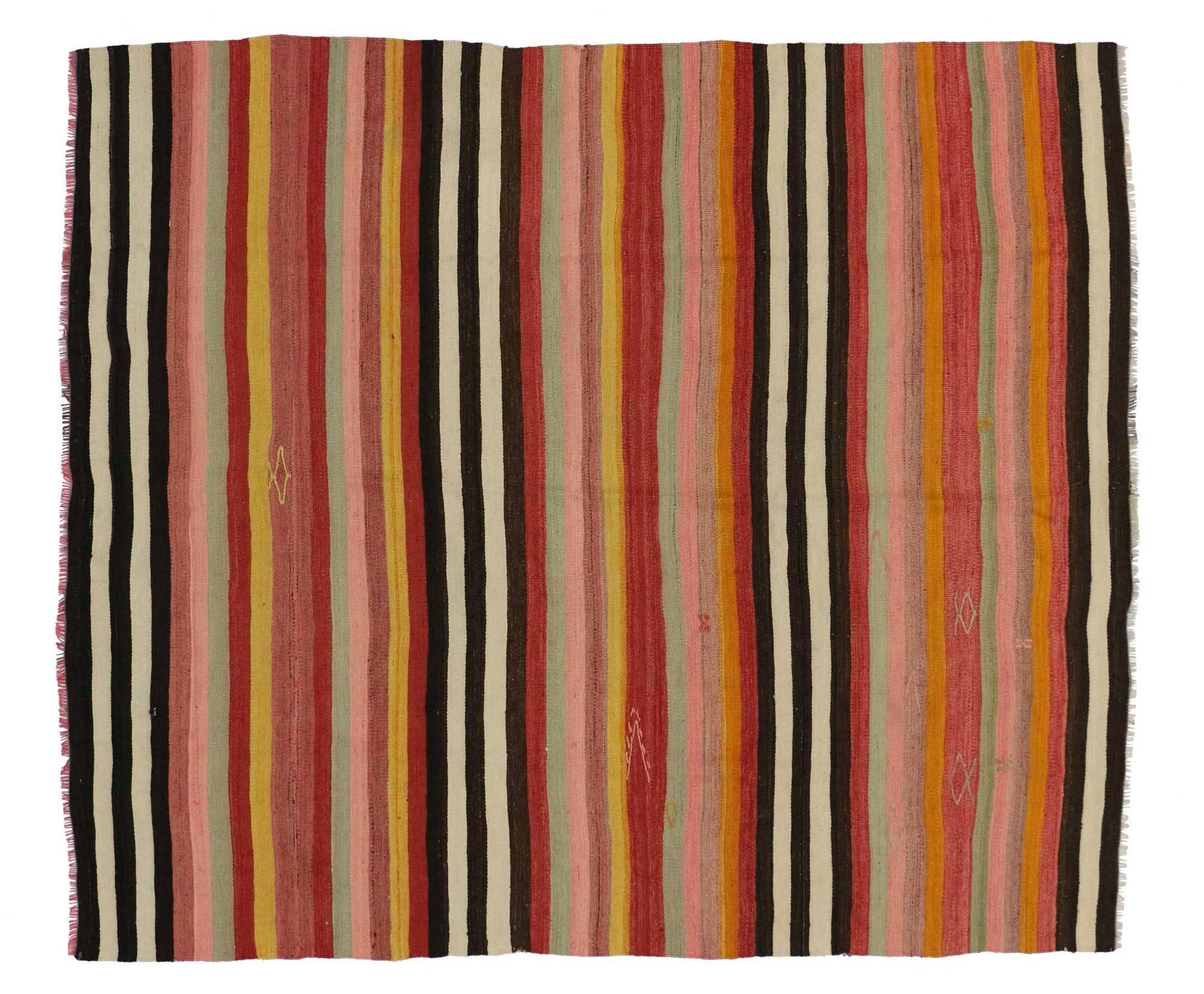 Vintage Turkish Kilim Rug with Stripes and Boho Chic Style, Striped Flat-Weave In Excellent Condition In Dallas, TX