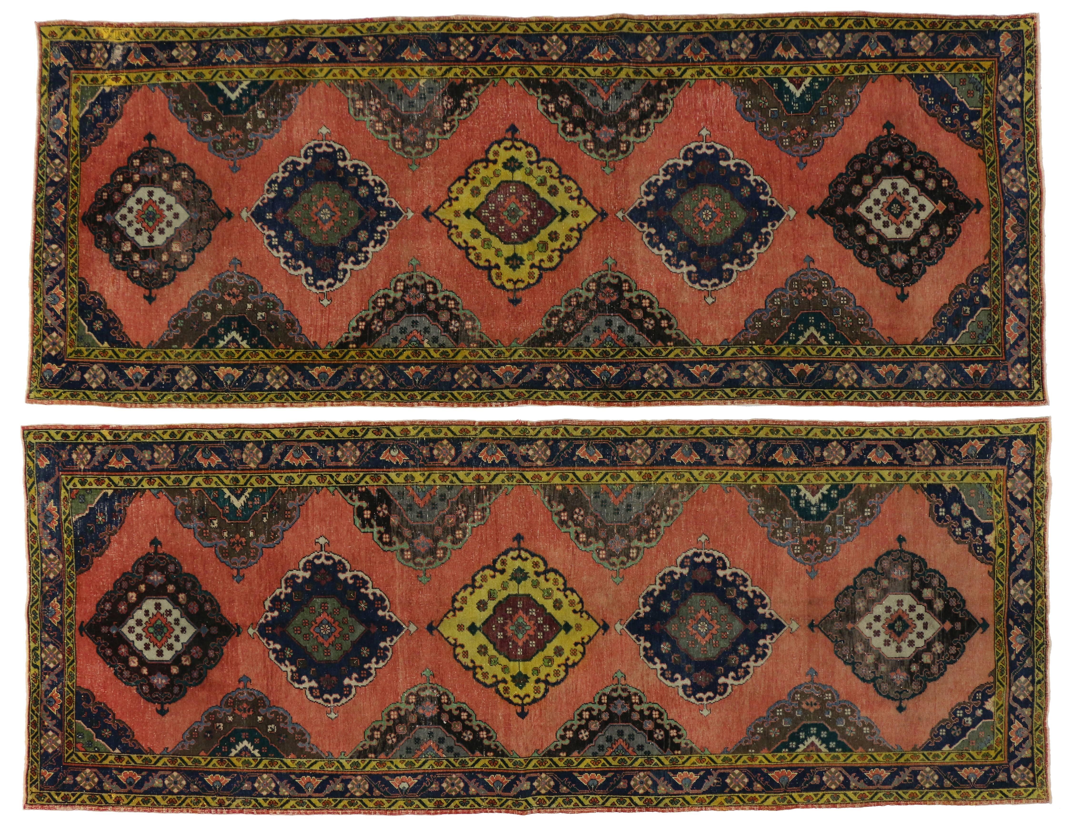 Wool Pair of Vintage Oushak Runners with Modern Style For Sale