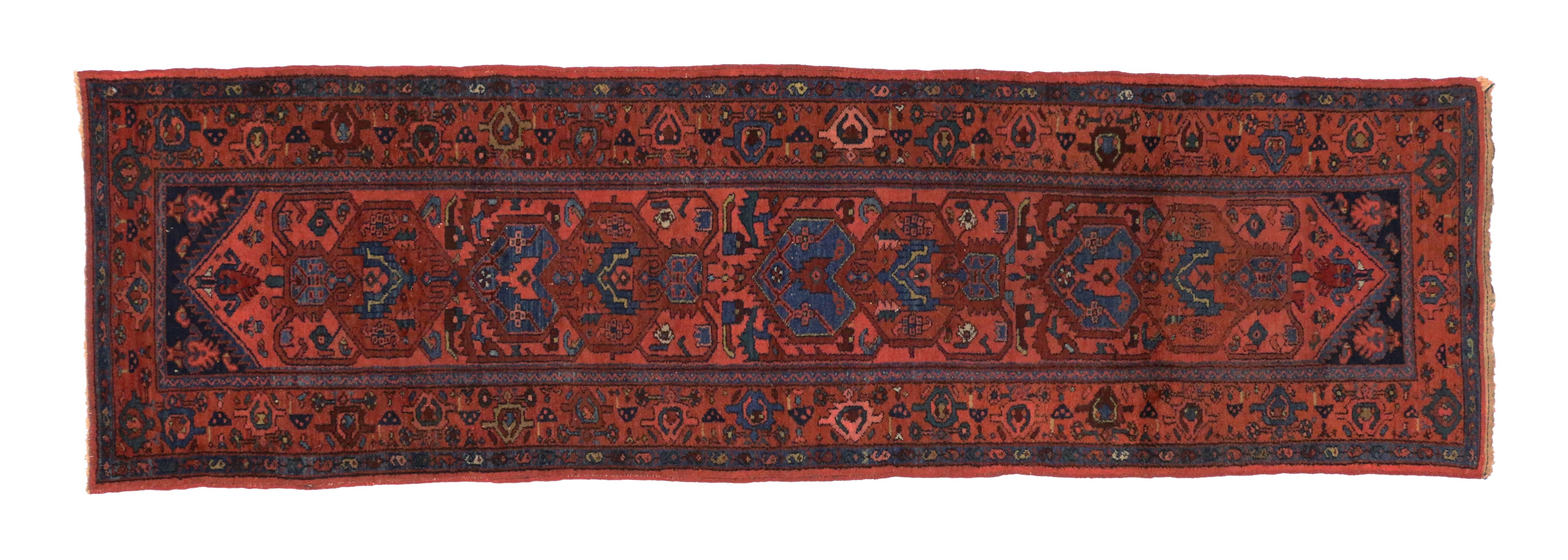 Hand-Knotted Antique Persian Heriz Runner with Modern Tribal Style