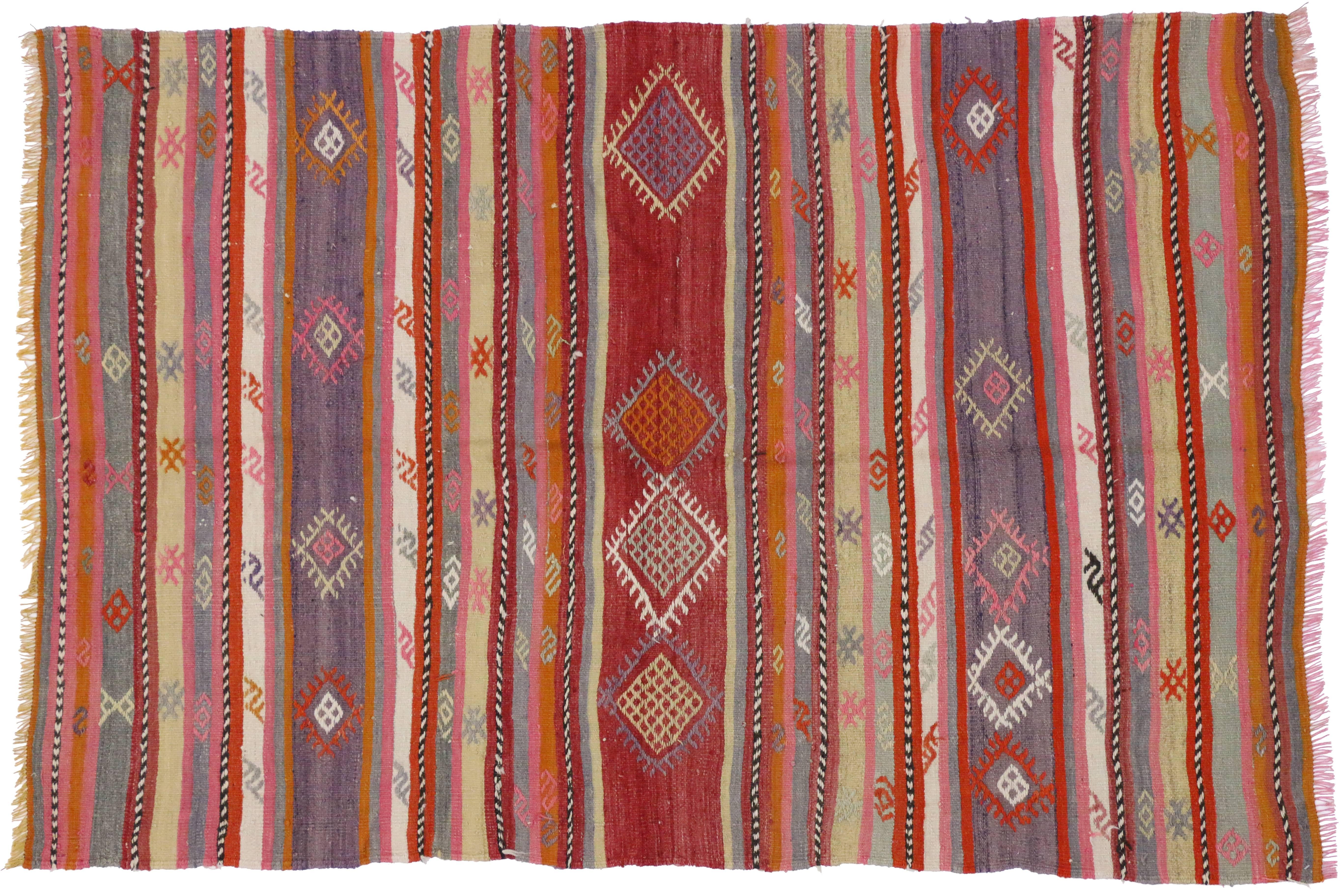 Turkish Tribal Kilim with Boho Chic Style in Pink, Red and Purple Stripes In Excellent Condition In Dallas, TX