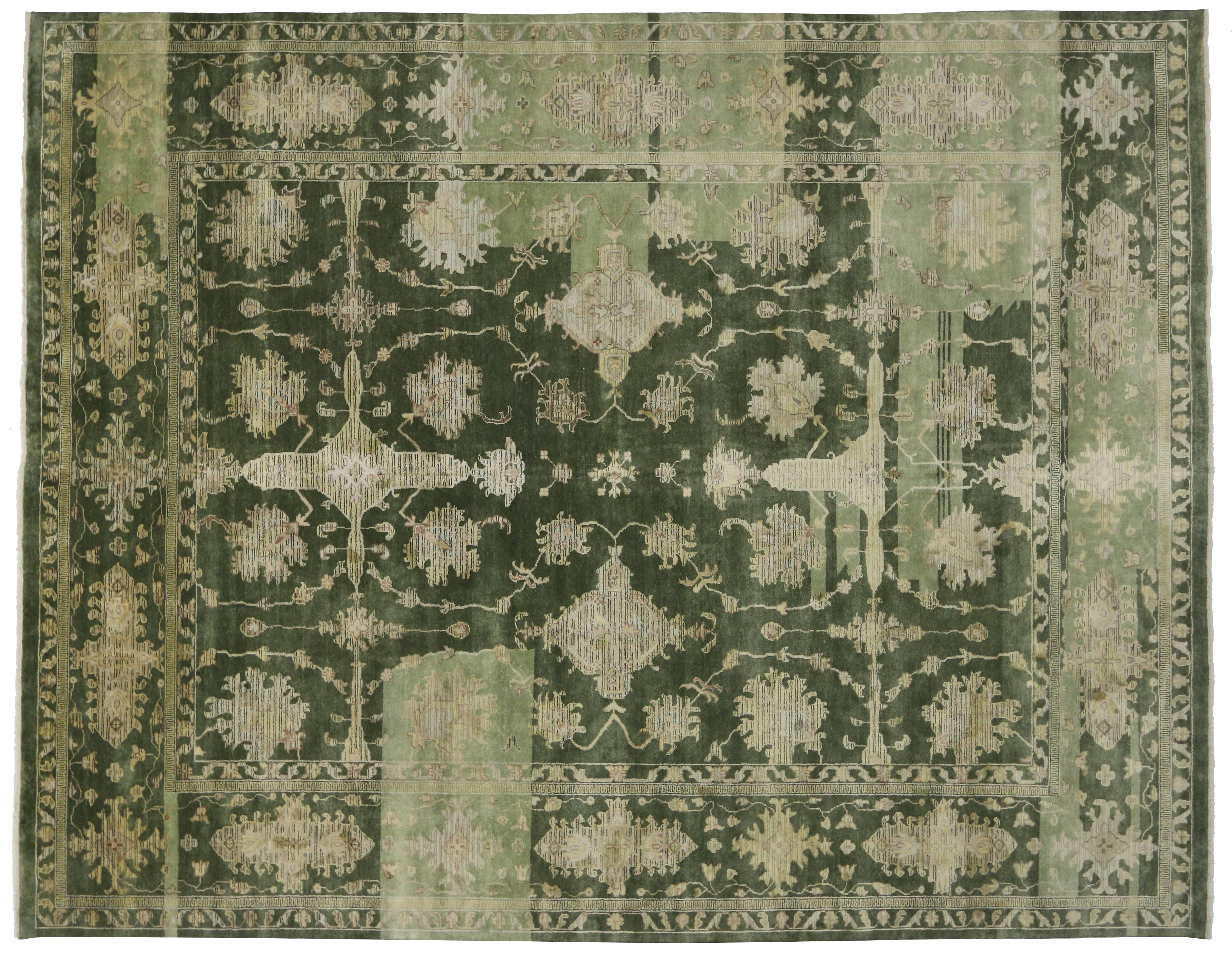 Hand-Knotted New Transitional Area Rug with Modern Oushak Design, Green Oushak Style Rug