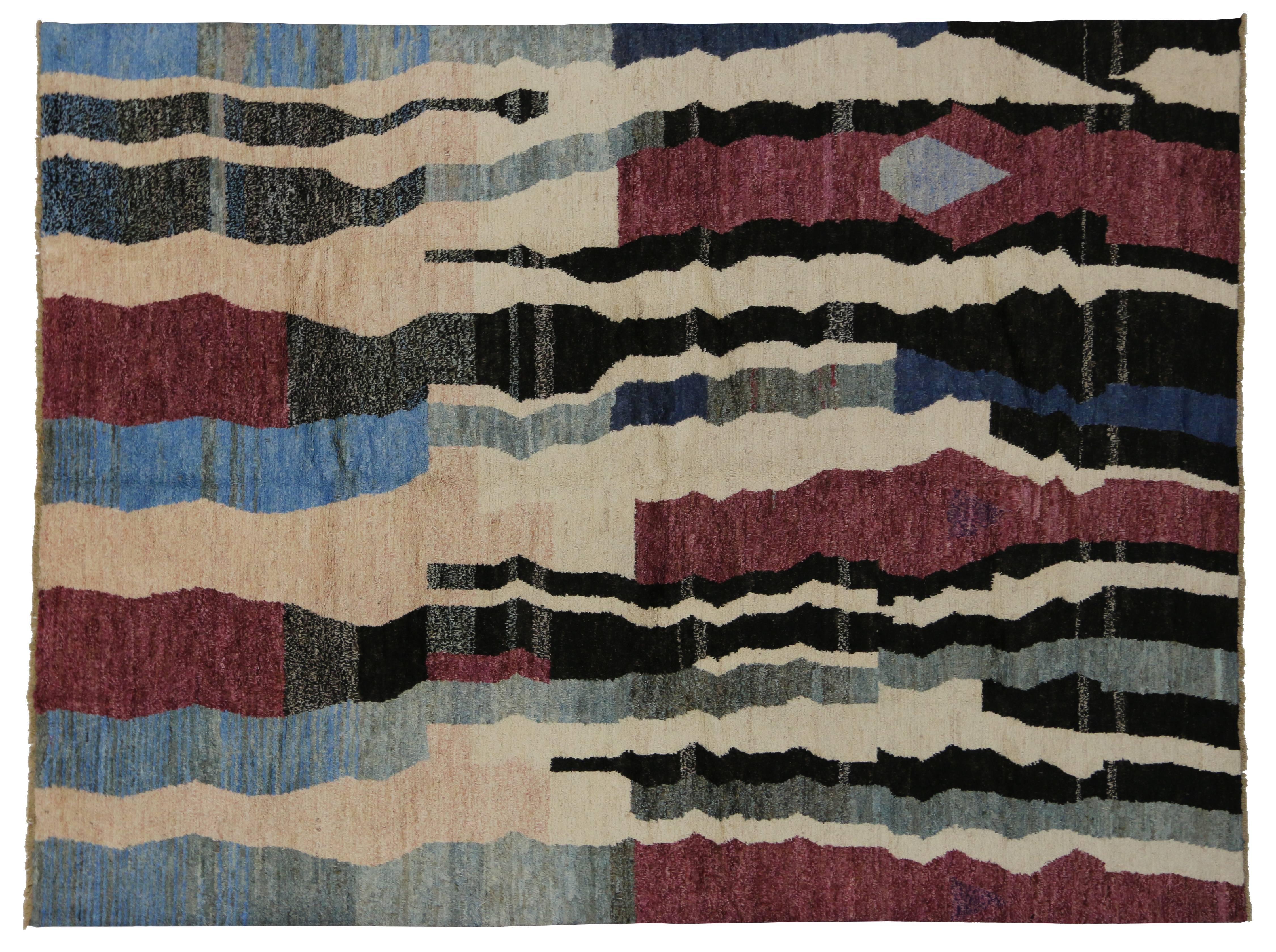 Hand-Knotted Contemporary Moroccan Style Rug With Post-Modern Style