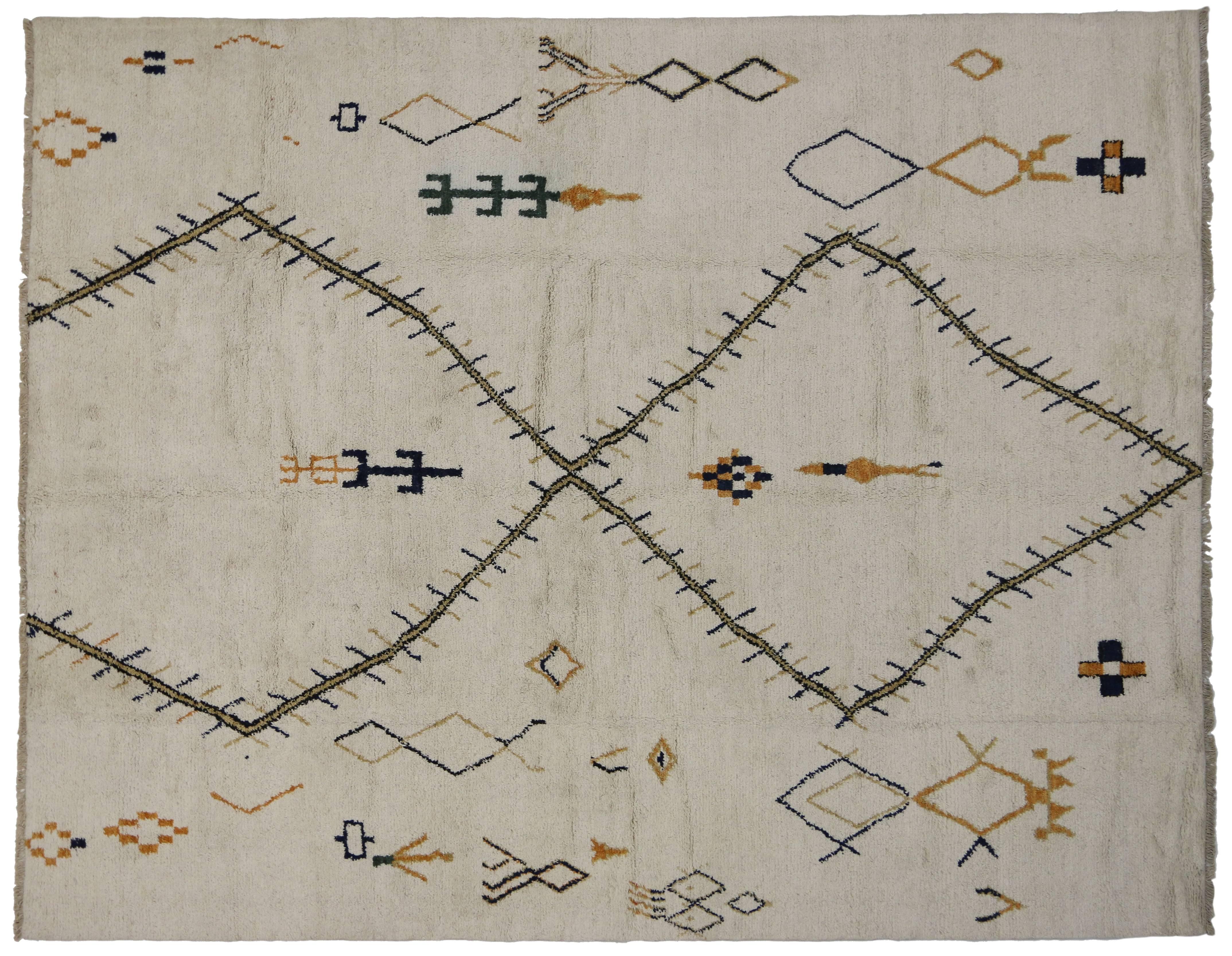 Hand-Knotted Contemporary Moroccan Style Rug with Tribal Design