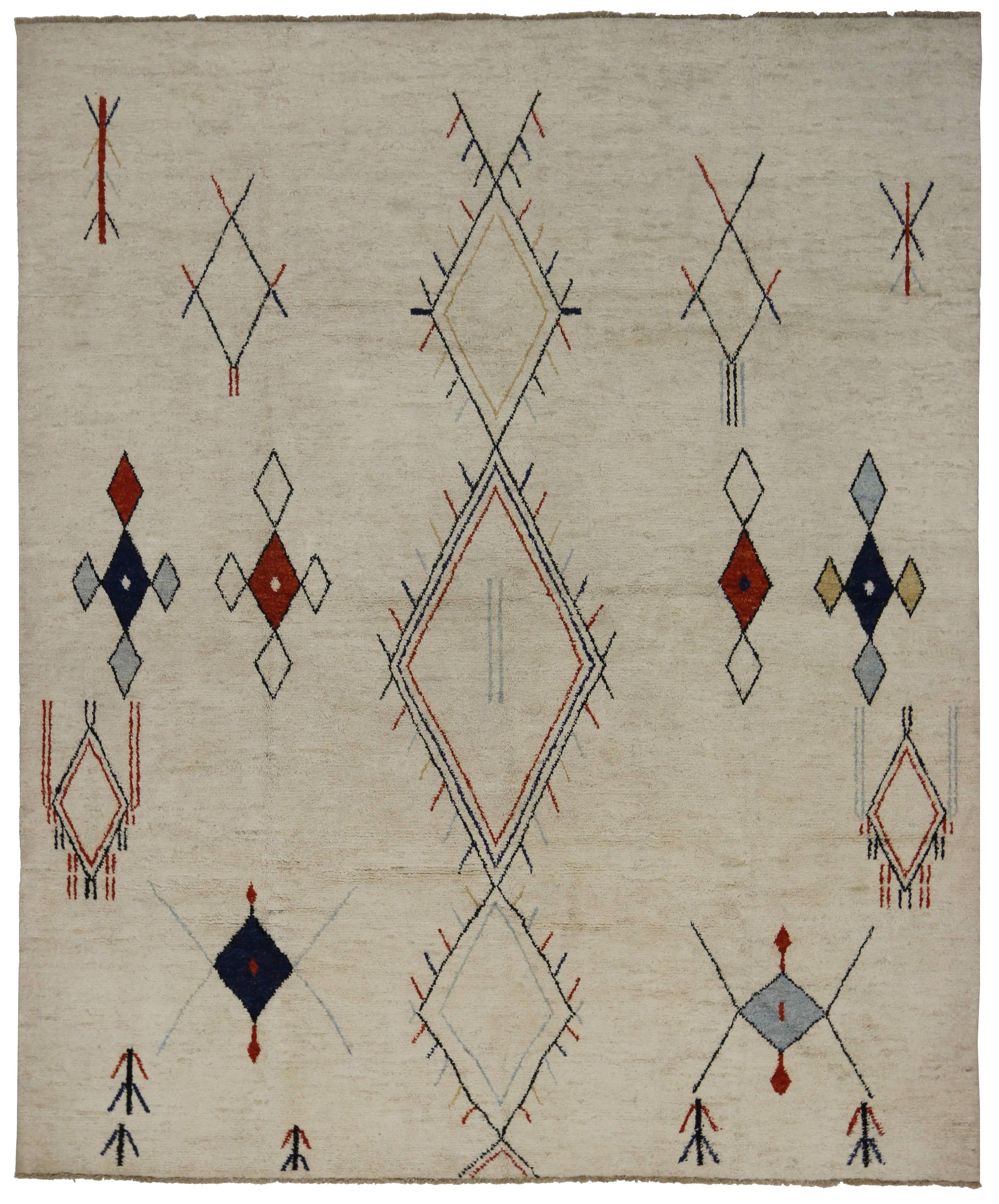 Contemporary Moroccan Style Area Rug with Tribal Design 1