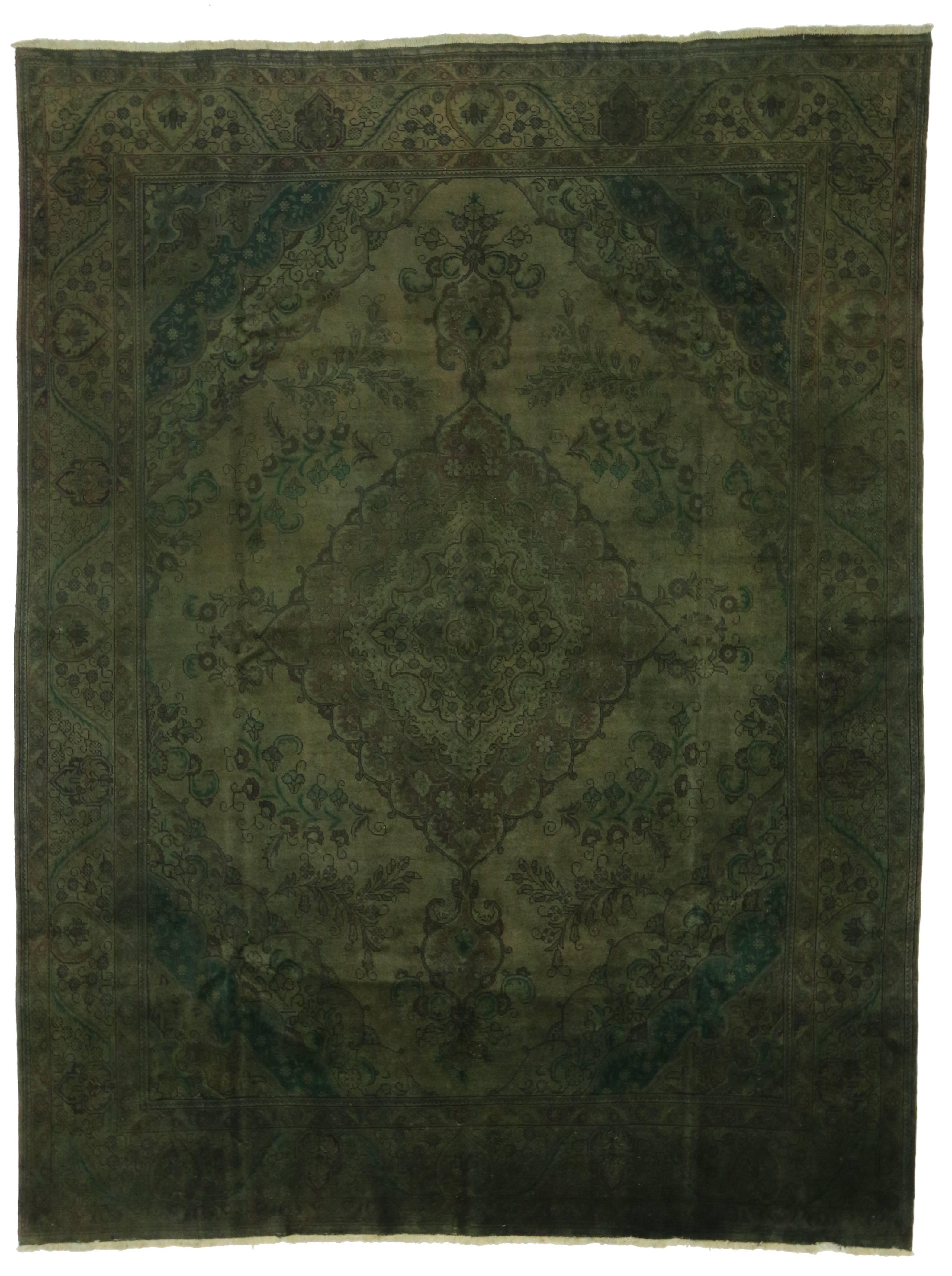 Vintage Persian Tabriz Rug Overdyed Green Rug with Modern Style 1