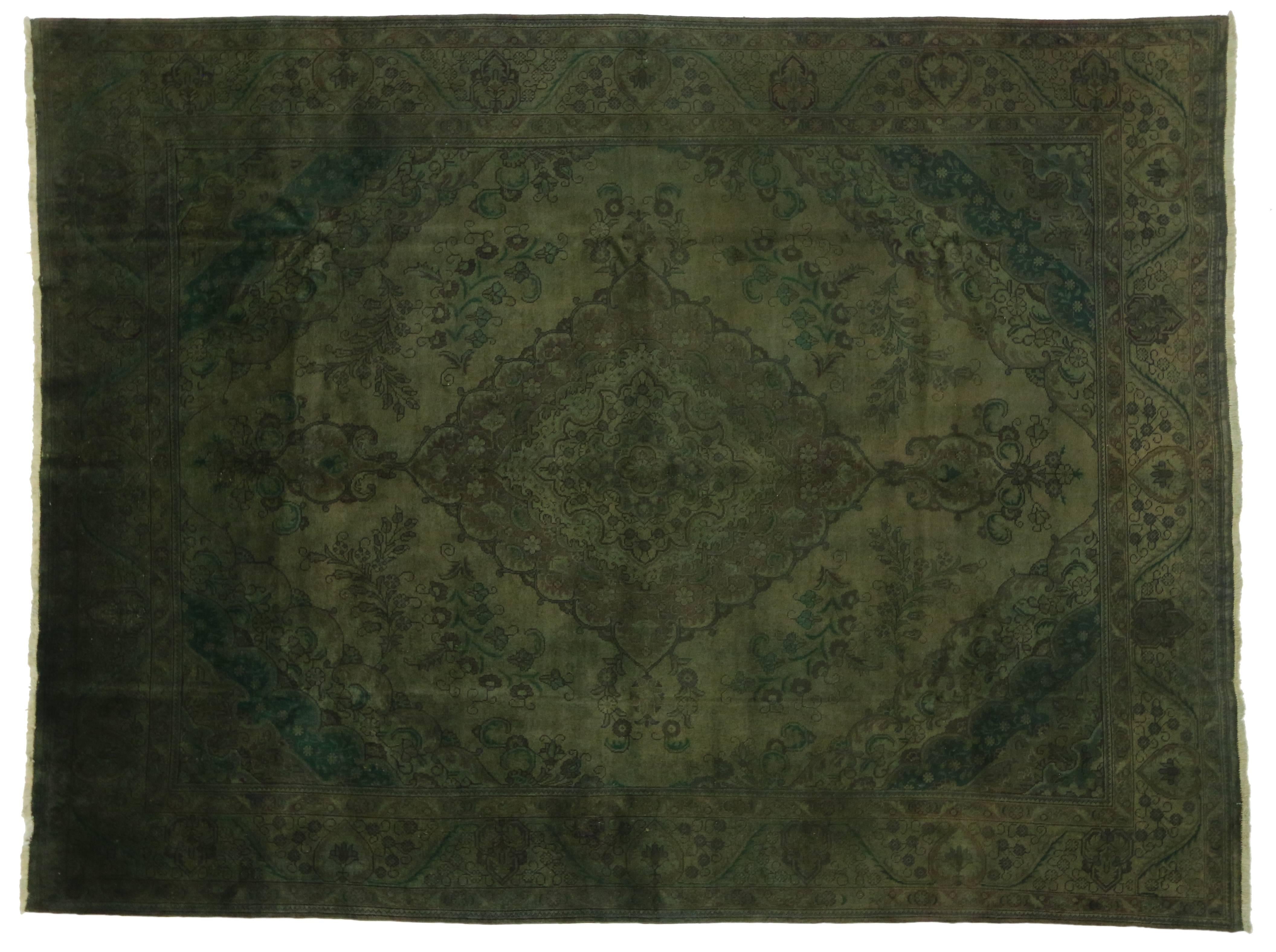 Vintage Persian Tabriz Rug Overdyed Green Rug with Modern Style In Excellent Condition In Dallas, TX