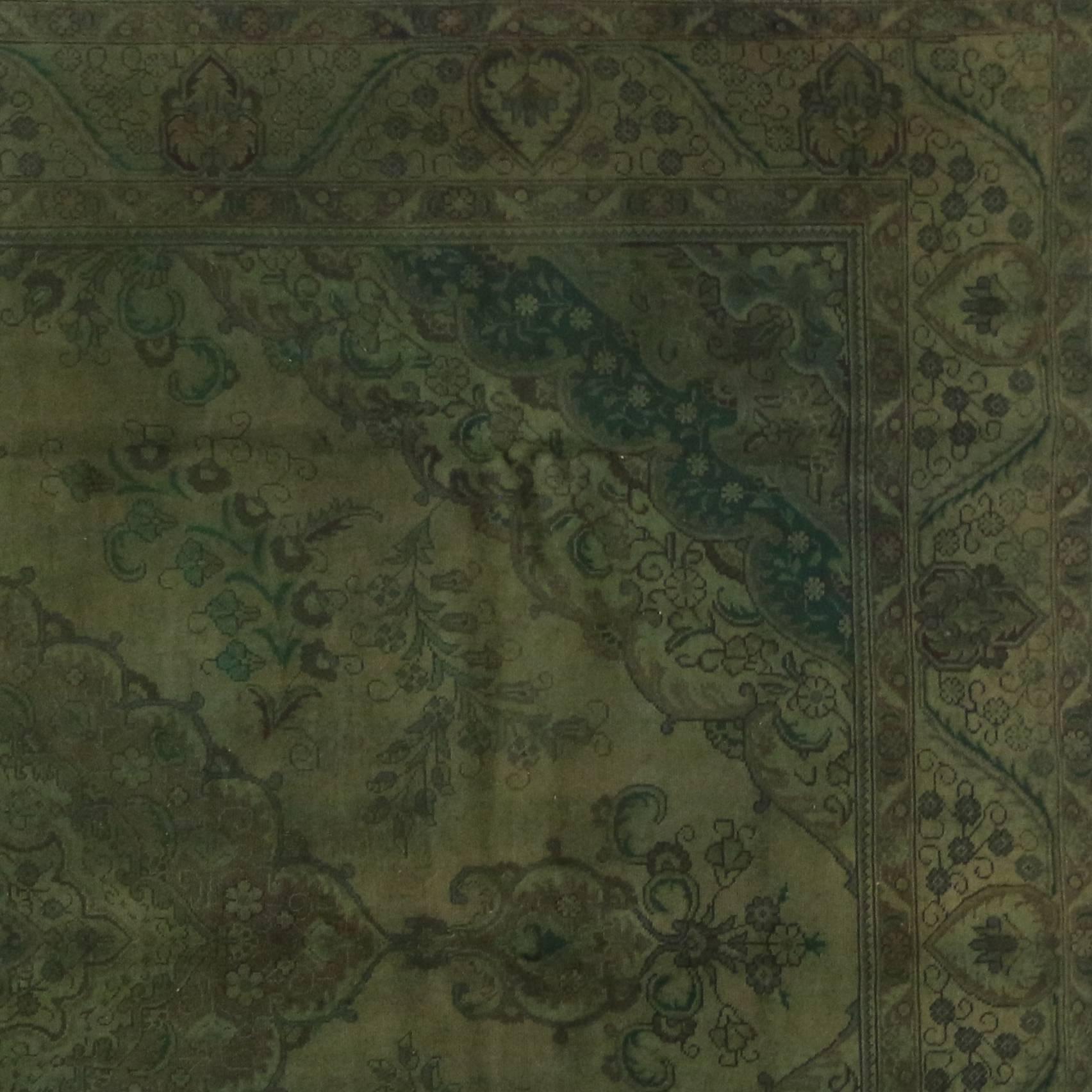 Wool Vintage Persian Tabriz Rug Overdyed Green Rug with Modern Style