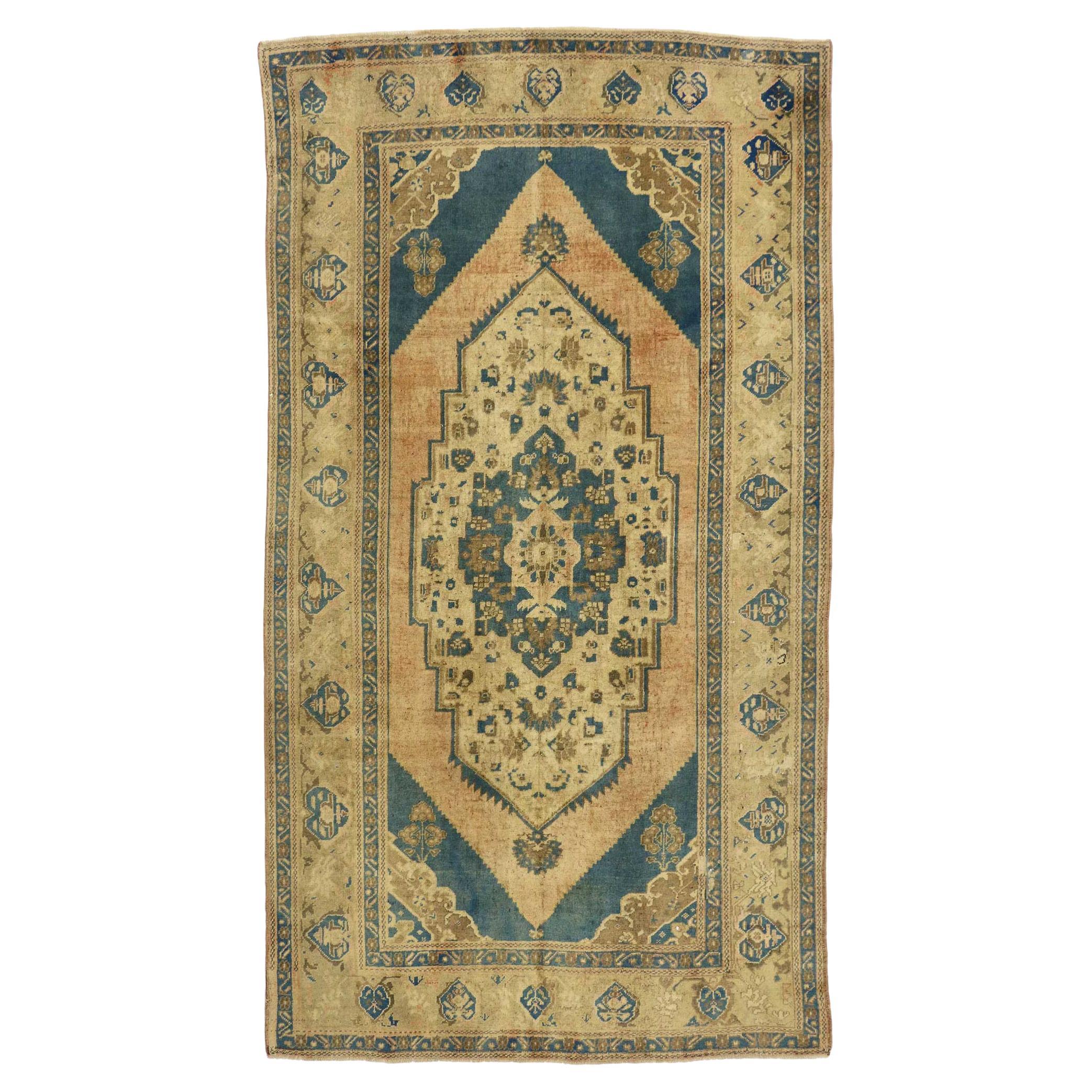 Vintage Turkish Oushak Rug with Modern Design and Cerulean Blue Field