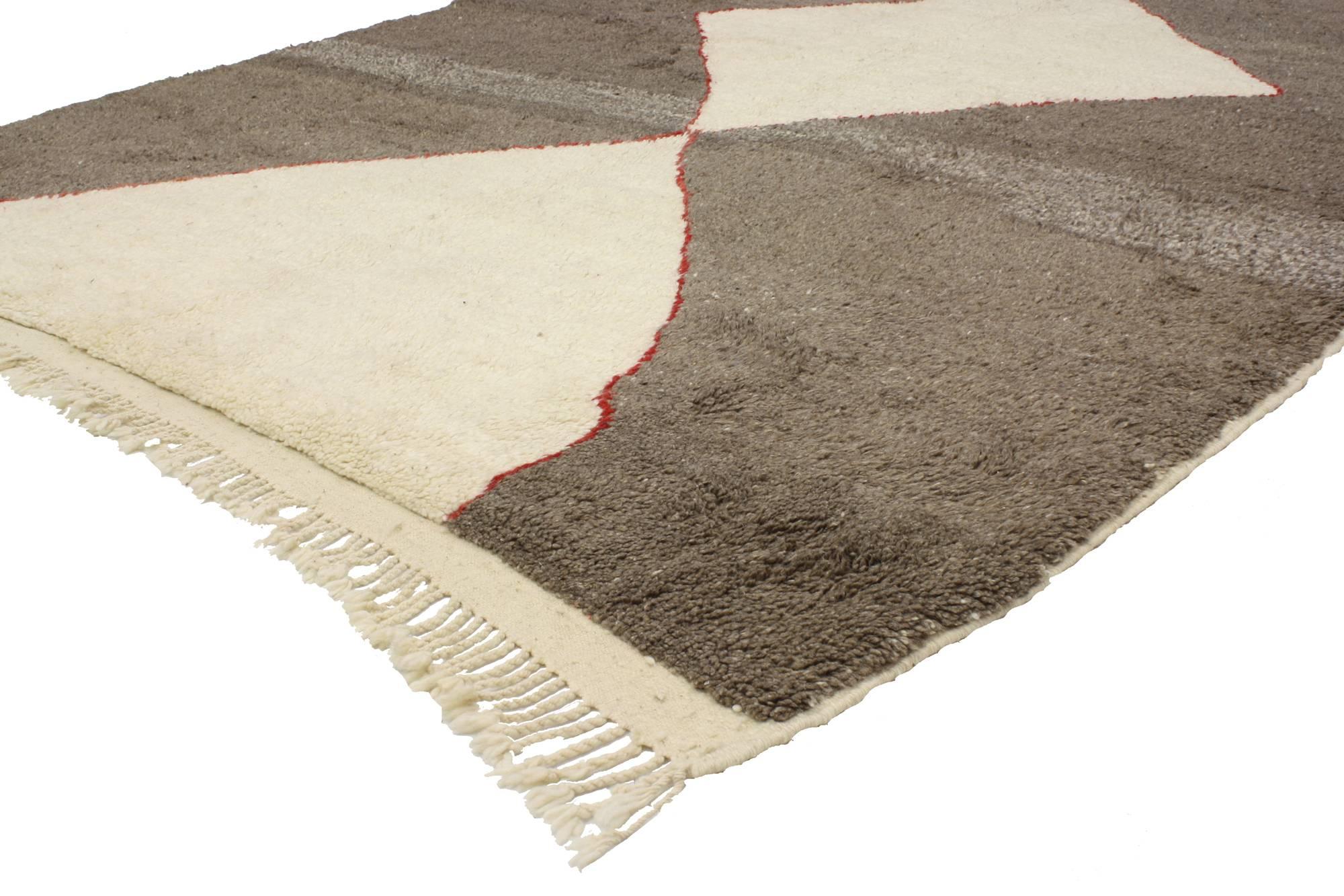 20334 New Contemporary Berber Moroccan Rug with Mid-Century Modern Style 07'04 x 09'11. With  strong linear lines and Mid-Century Modern design, this hand-knotted wool contemporary Berber Moroccan rug exudes warmth and cozy casual vibes. It features