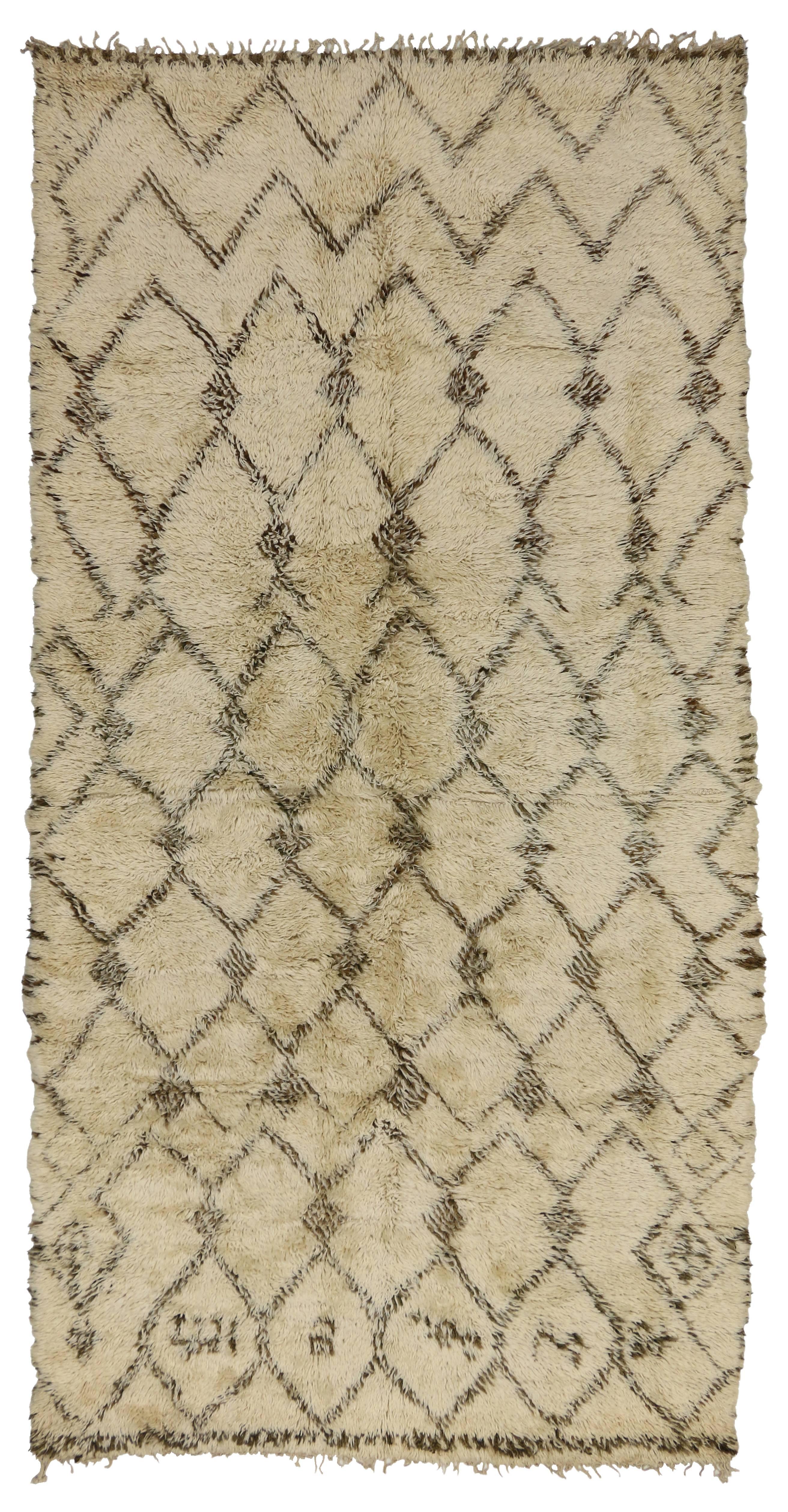 Wool Vintage Beni Ourain Moroccan Rug with Mid-Century Modern Style