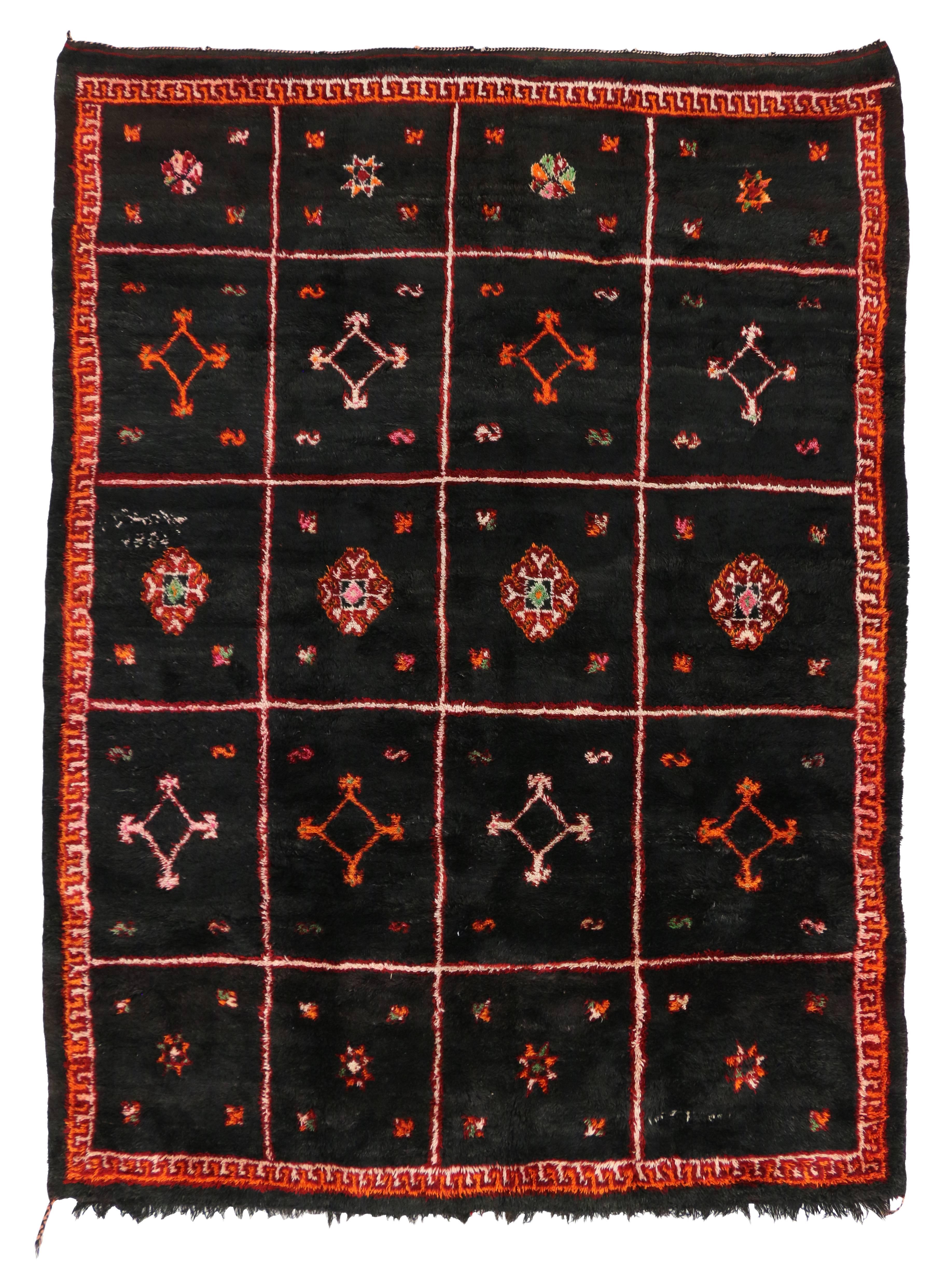 20th Century Vintage Moroccan Rug, Black Moroccan Area Rug with Tribal Style
