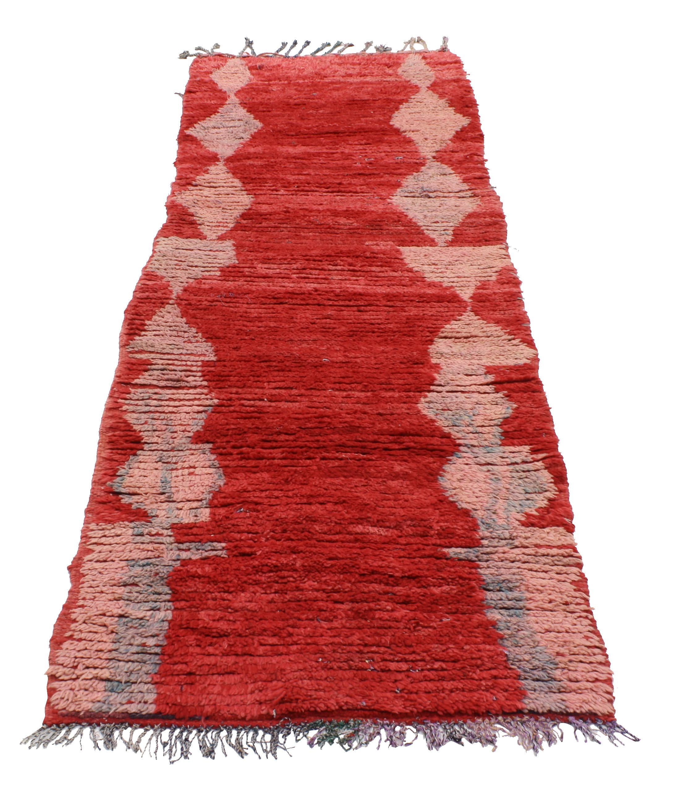 Hand-Knotted Mid-Century Modern Vintage Berber Moroccan Runner