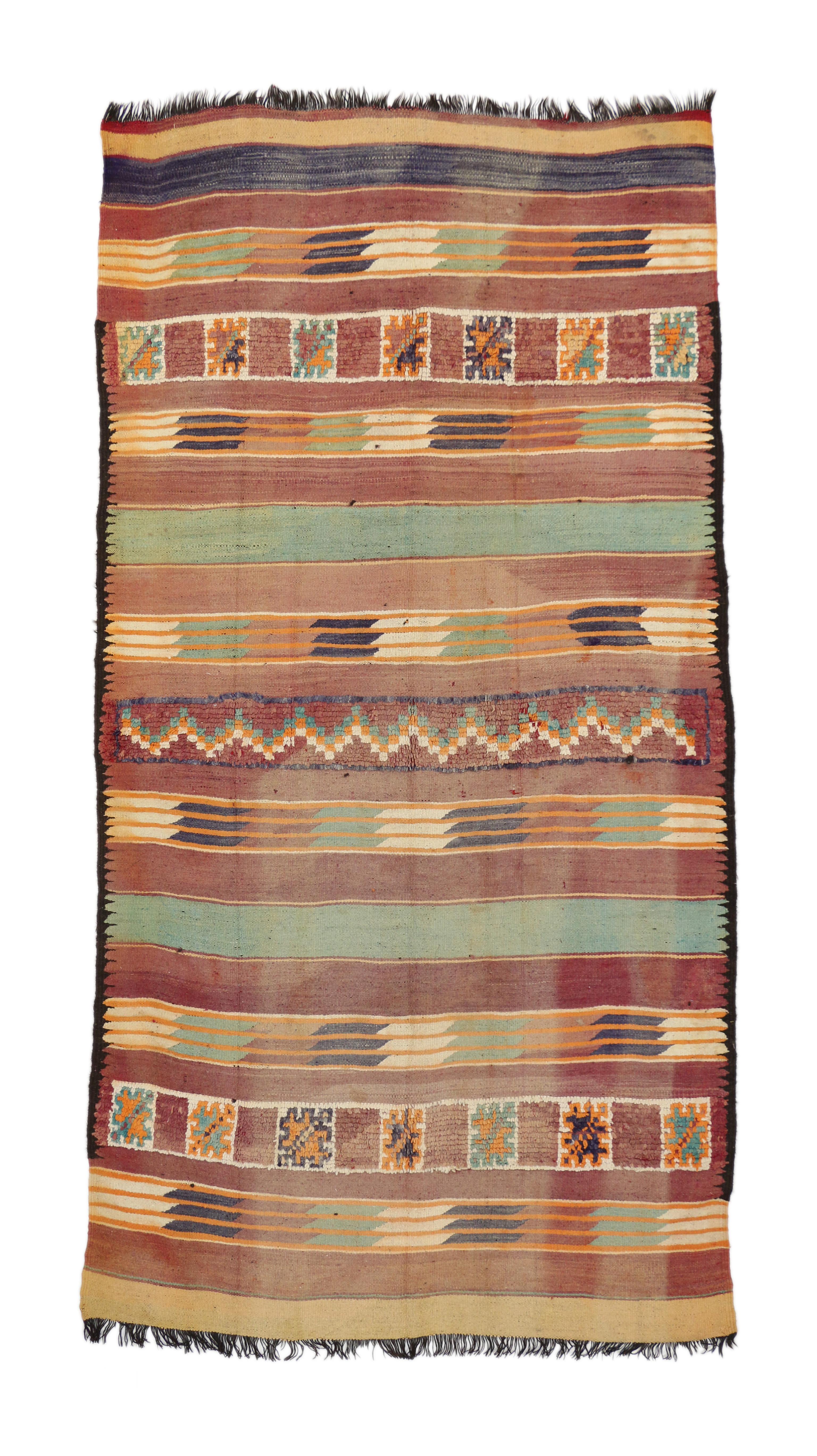 Vintage Berber Moroccan Kilim with Tribal Boho Chic Style, Flatweave Kilim Rug For Sale 8