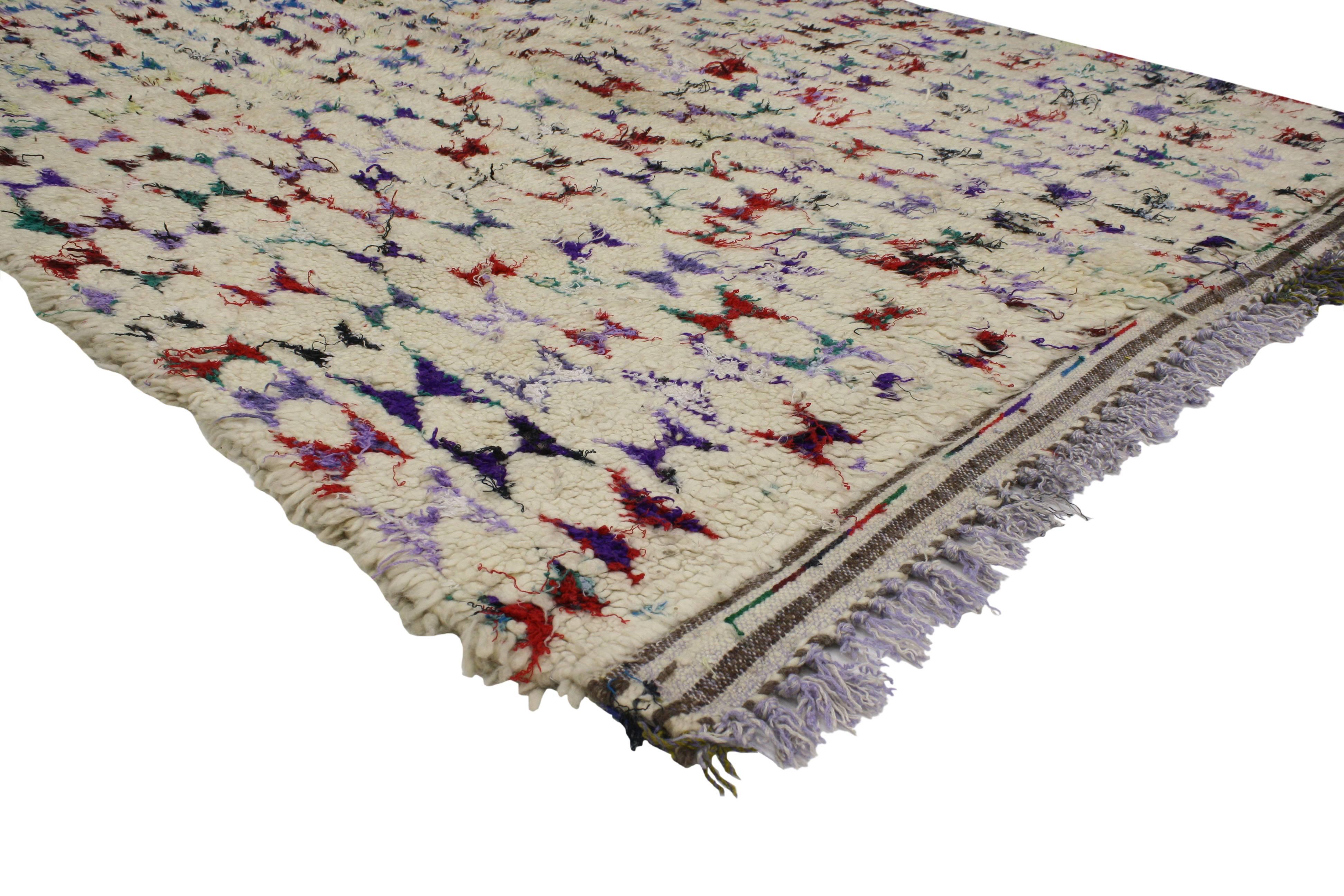 20430 Vintage Berber Moroccan Azilal Rug with Post-Modern Memphis Style. An eclectic love for Post-Modern Memphis style and a kaleidoscope of rainbow colors, this hand-knotted wool vintage Moroccan Azilal rug is brimming with liveliness and ancient