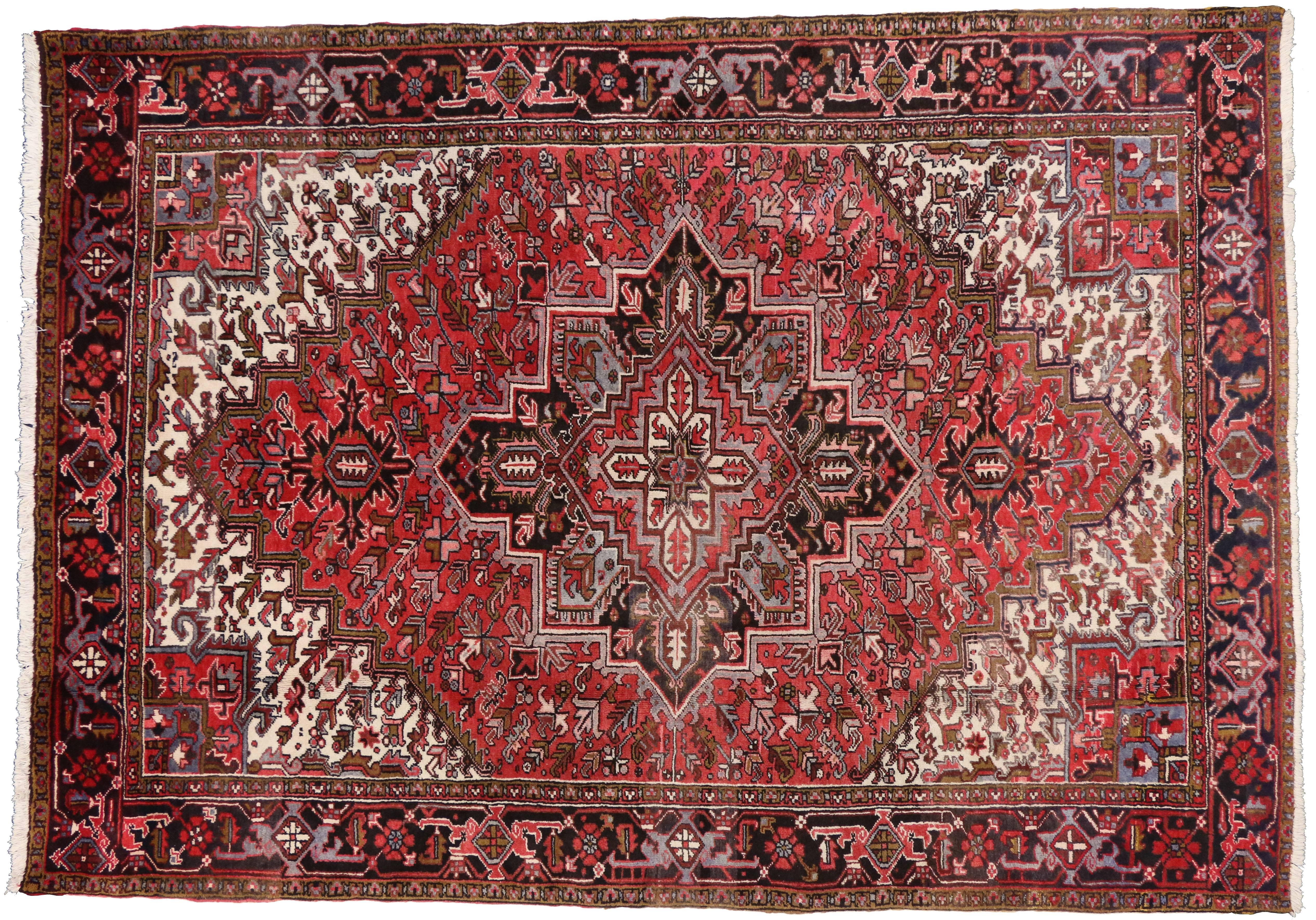 Wool Vintage Persian Heriz Rug with Mid-Century Modern Style
