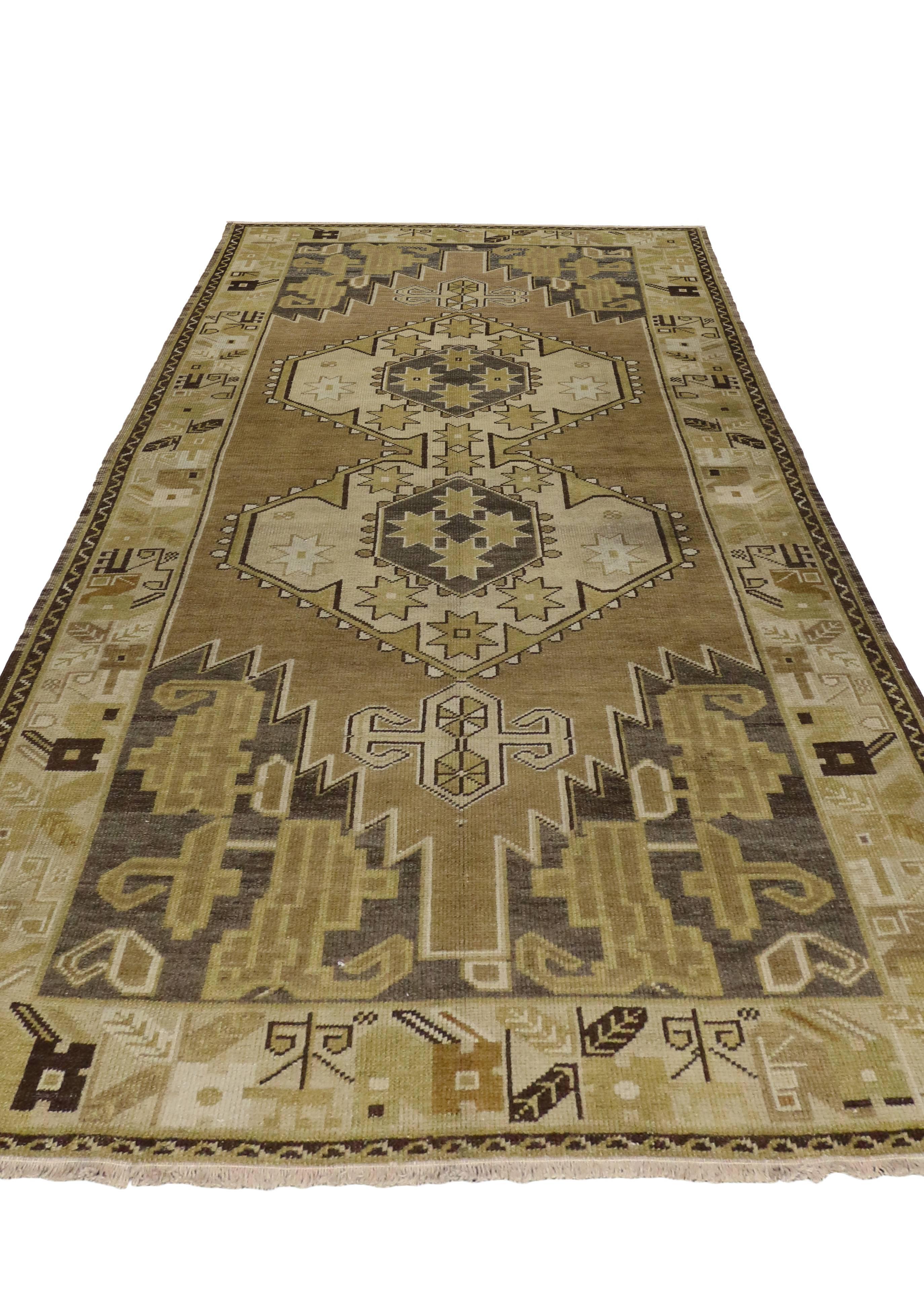 Hand-Knotted Vintage Turkish Oushak Carpet Runner with Mid-Century Modern Style