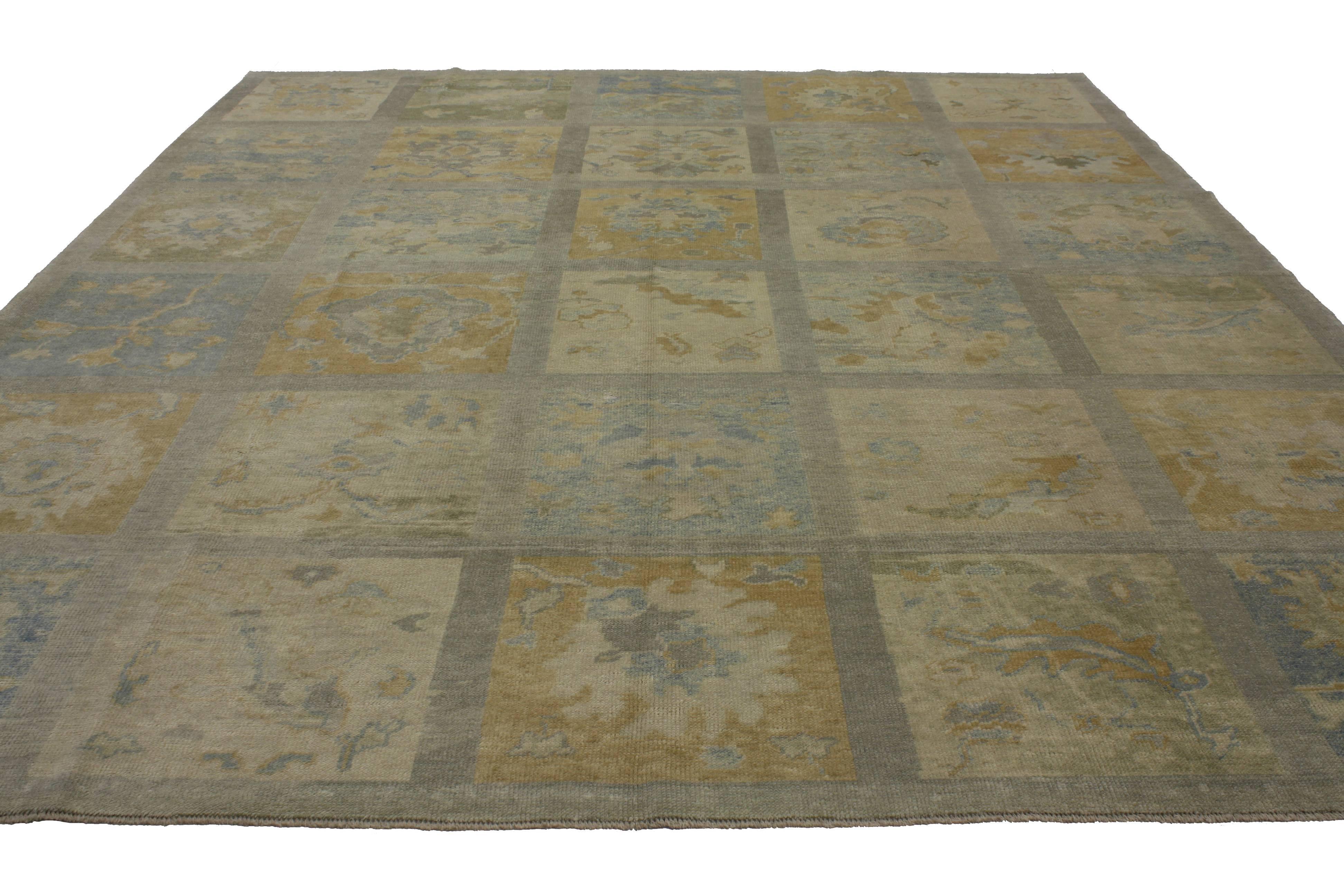 Hand-Knotted Modern Turkish Oushak Rug with Garden Design and Transitional Style