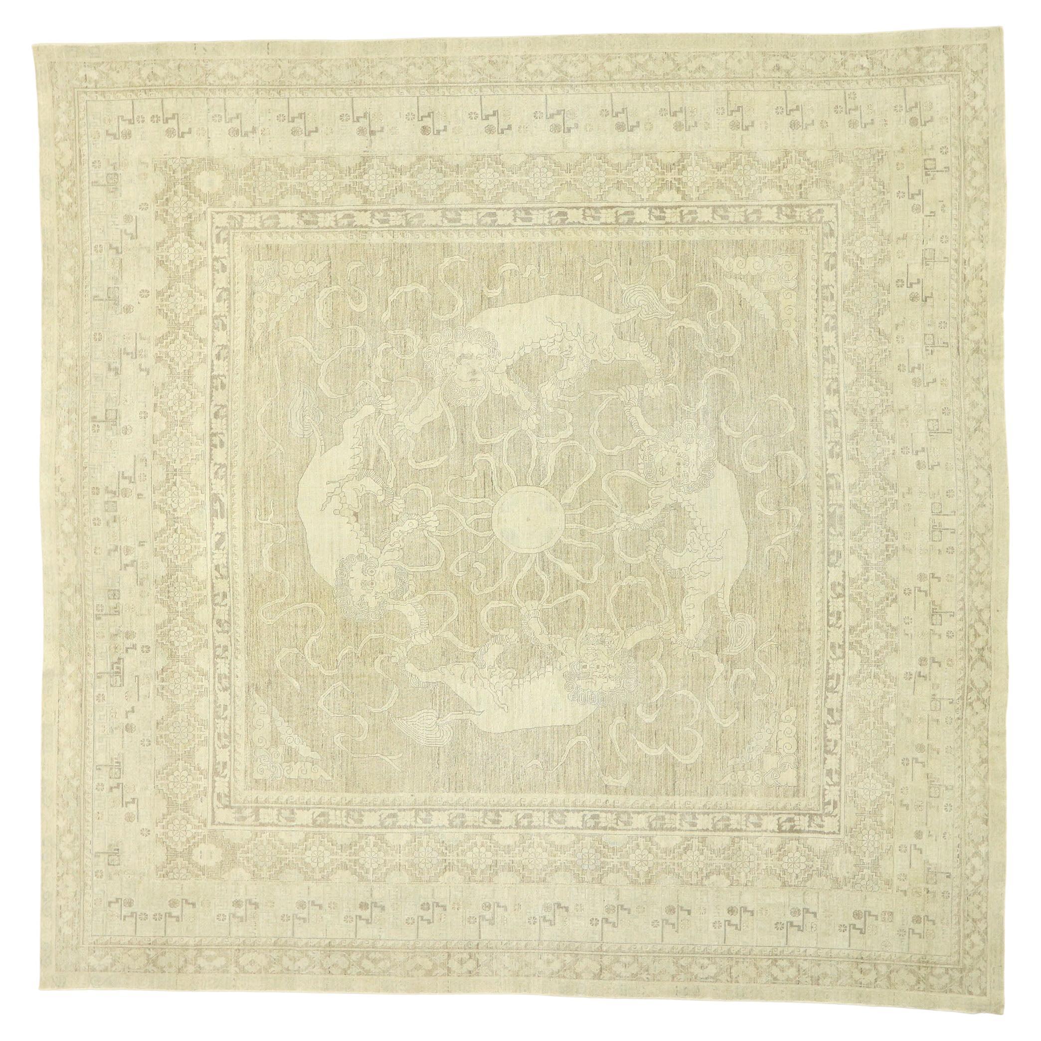 Transitional Style Rug with Khotan and Chinese Foo Dog Design, Square Rug