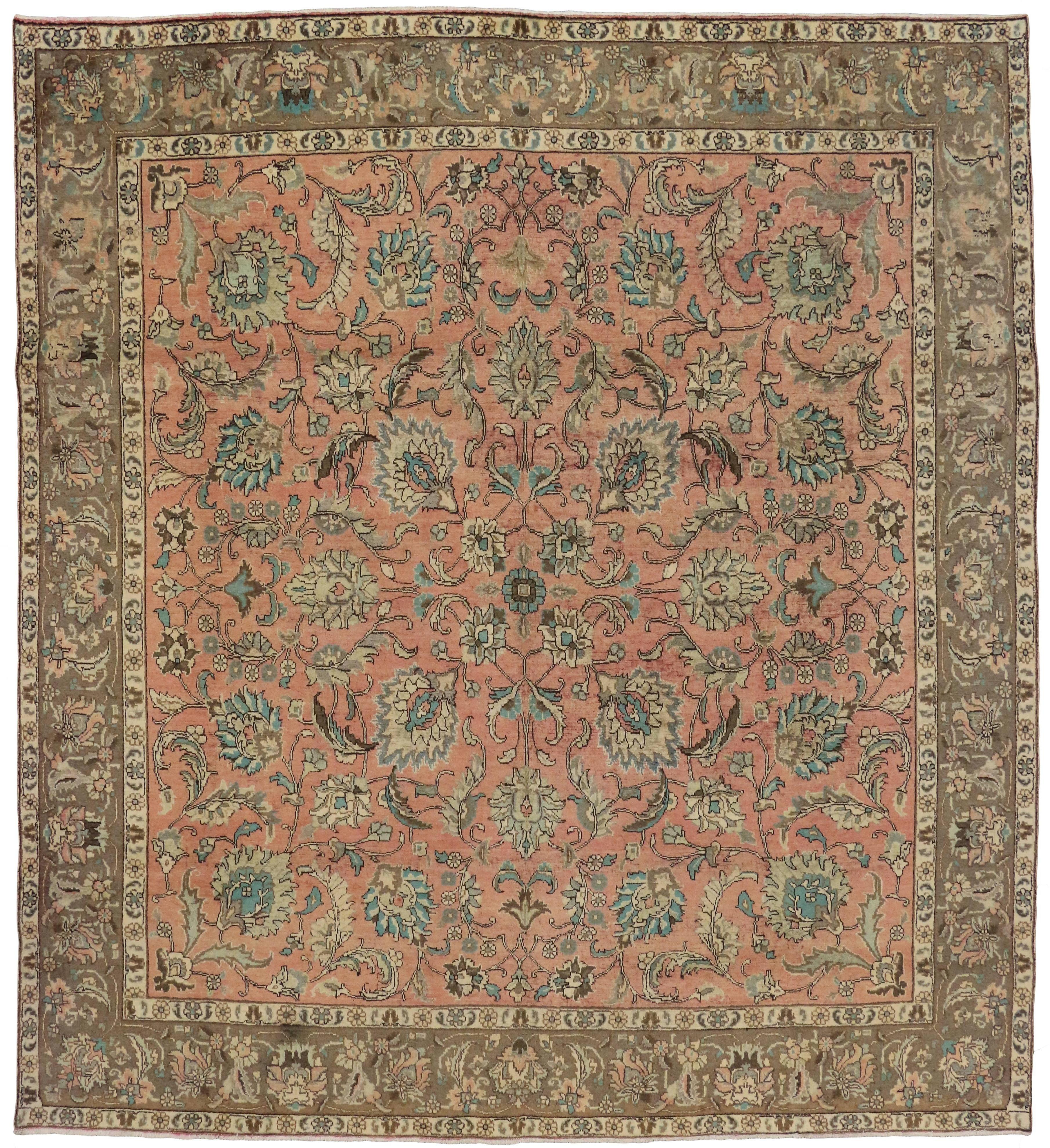 Vintage Persian Tabriz Rug with Traditional Style in Light Colors, Square Rug 1