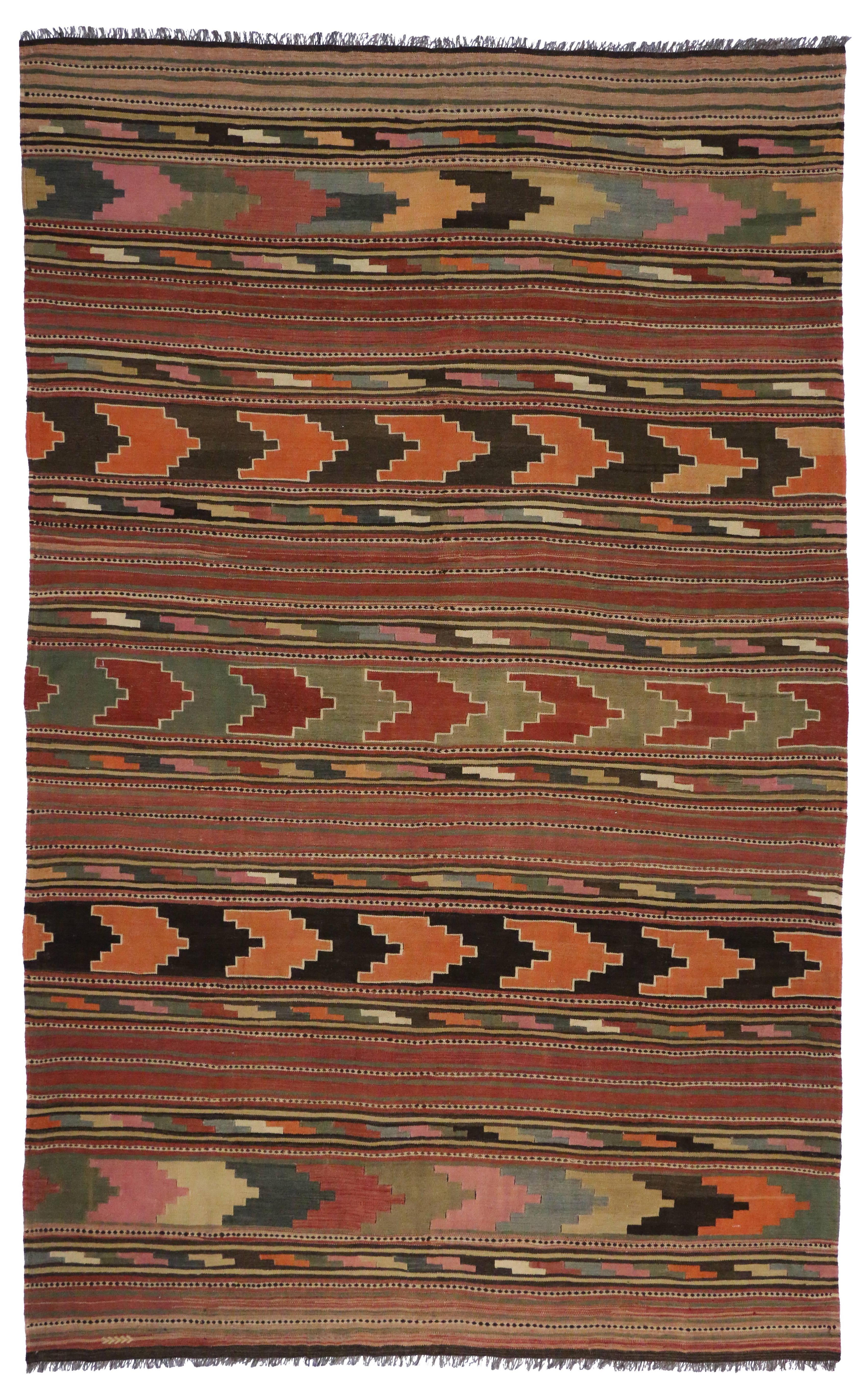 Wool Mid-Century Modern Vintage Turkish Kilim Rug with Boho Chic Style, Flatweave