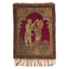 Antique Kerman Pictorial Rug Lion & King Darius Achaemenid Mythological Tapestry
