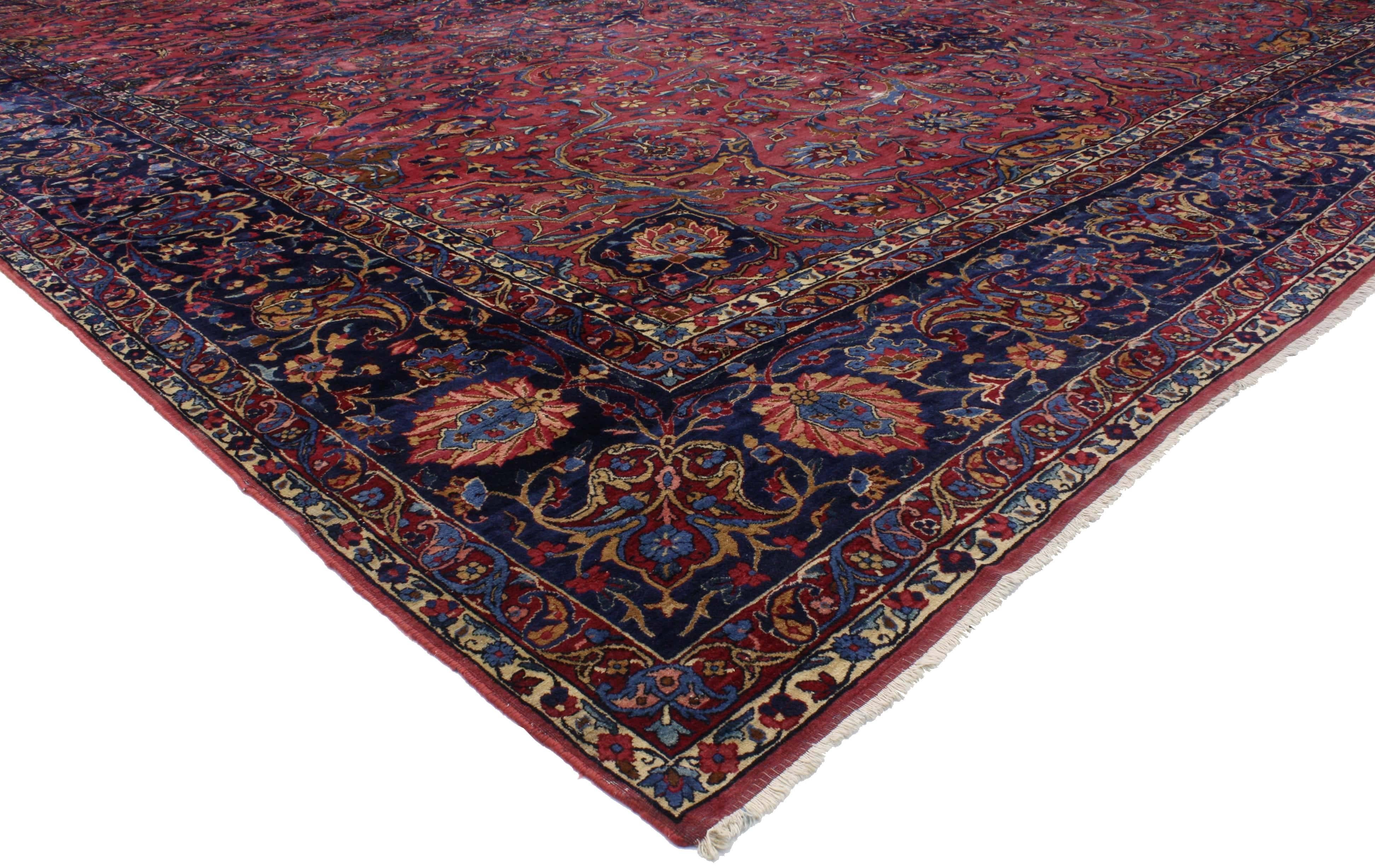 76695 Antique Persian Kerman Rug with Luxe Victorian Regency Style. This highly desirable antique Persian Kerman rug with Art Nouveau style features an impressive all-over floral design rendered in a rich jewel-tone color palette, illuminating its