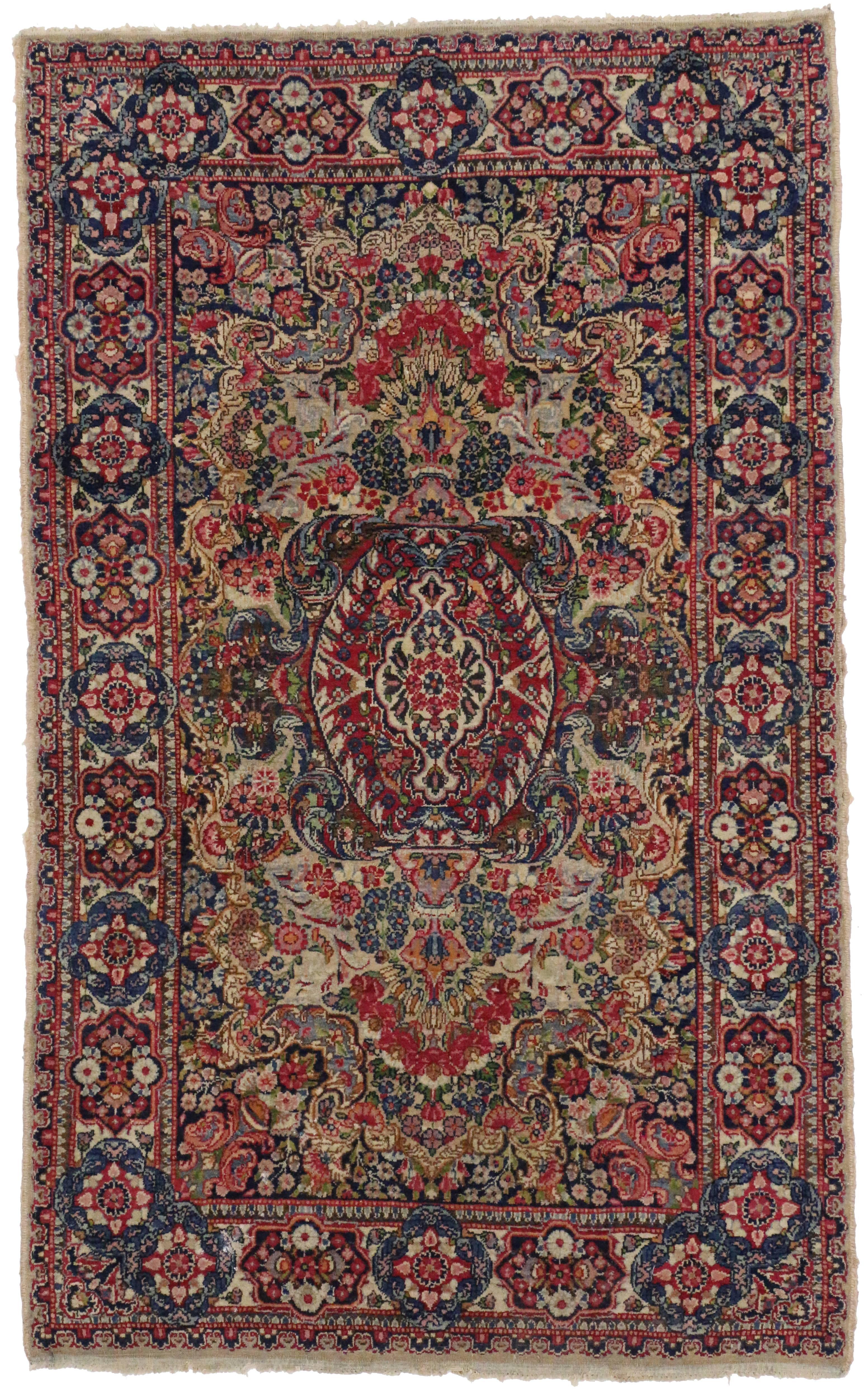 Wool Antique Persian Kerman Rug with French Rococo Style, Small Persian Accent Rug