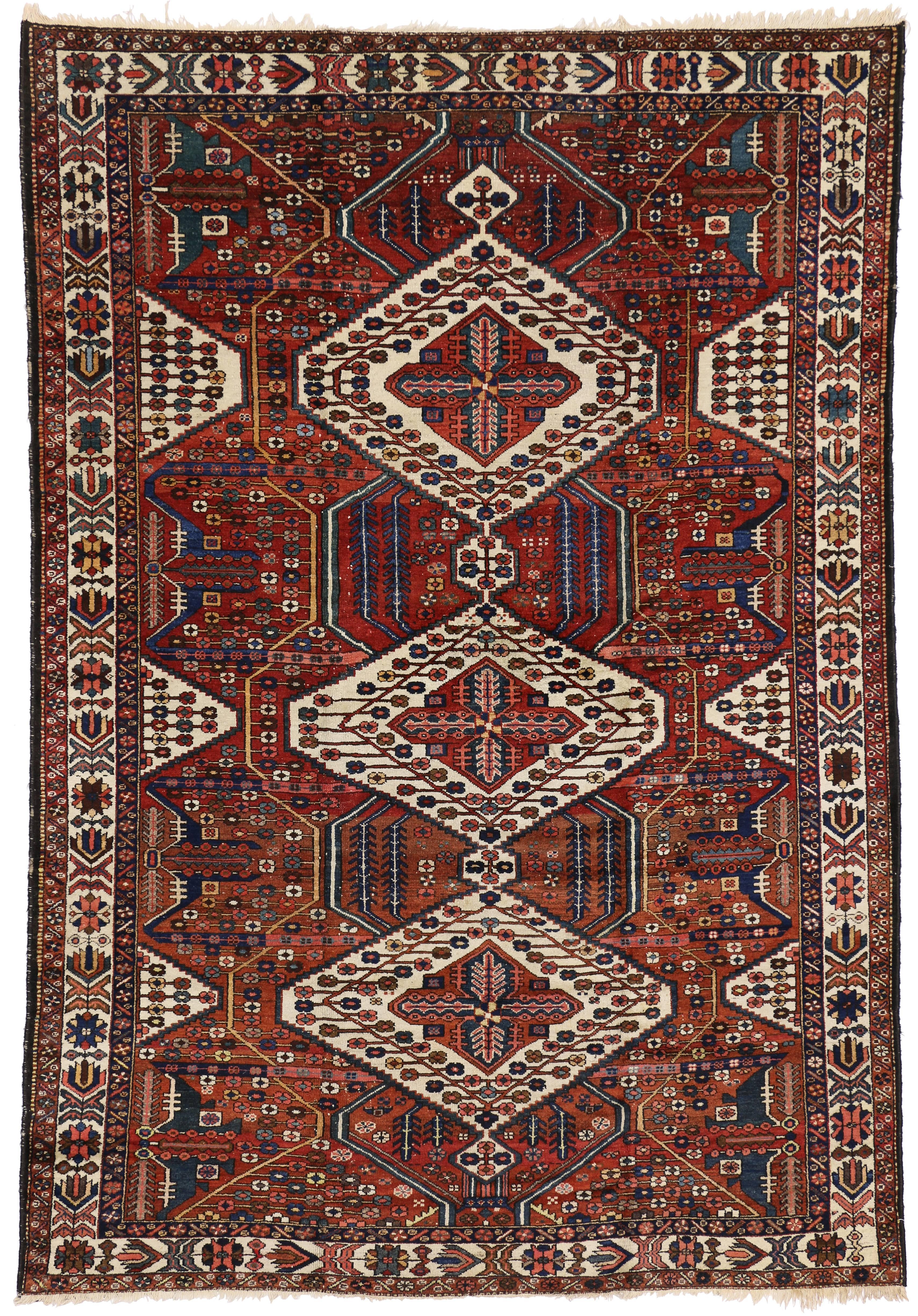 Wool Antique Persian Bakhtiari Rug, Midcentury Modern Meets Tribal Enchantment For Sale