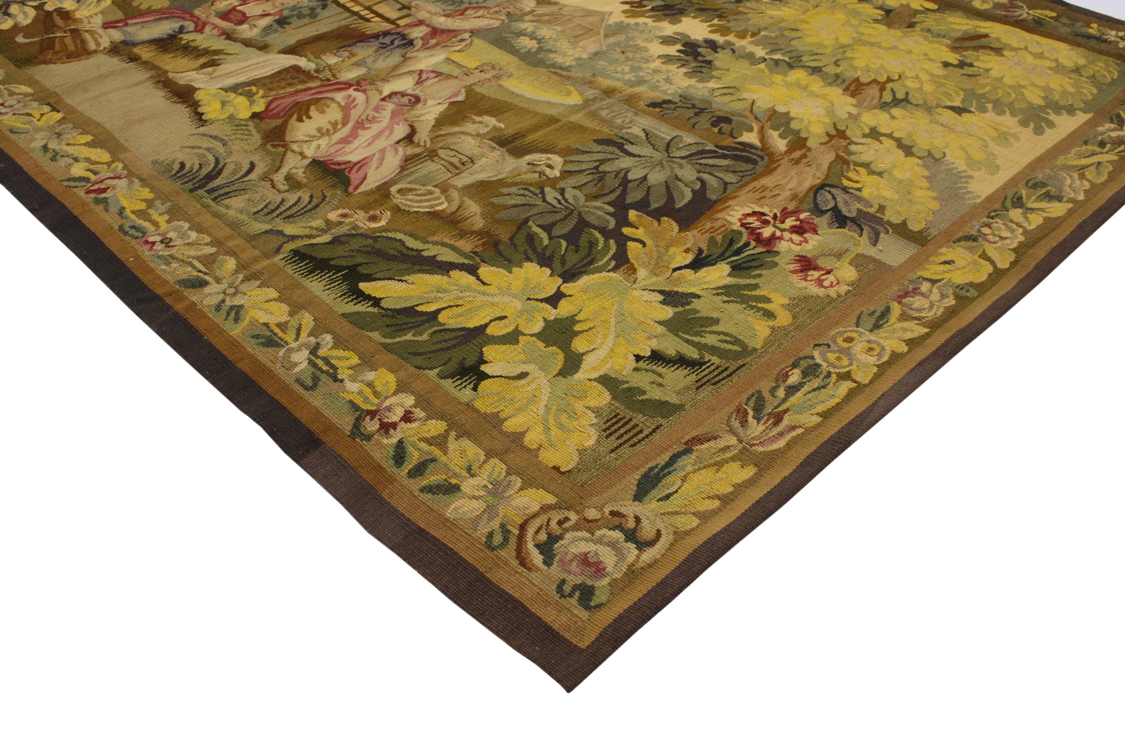 73139 Antique French Rococo Tapestry Inspired by Francois Boucher, Romance in the Country, Pastoral Tapestry Wall Hanging. Drawing inspiration from Louis XV style and Francois Boucher's Romance in the Country, this handwoven wool and silk antique