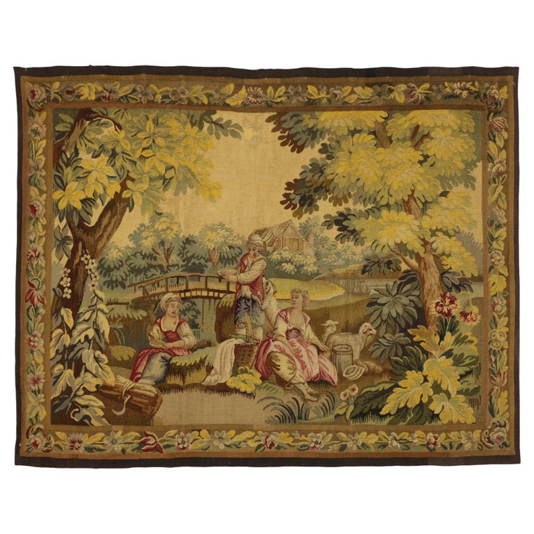Antique French Rococo Tapestry Inspired by Francois Boucher, Country Romance For Sale