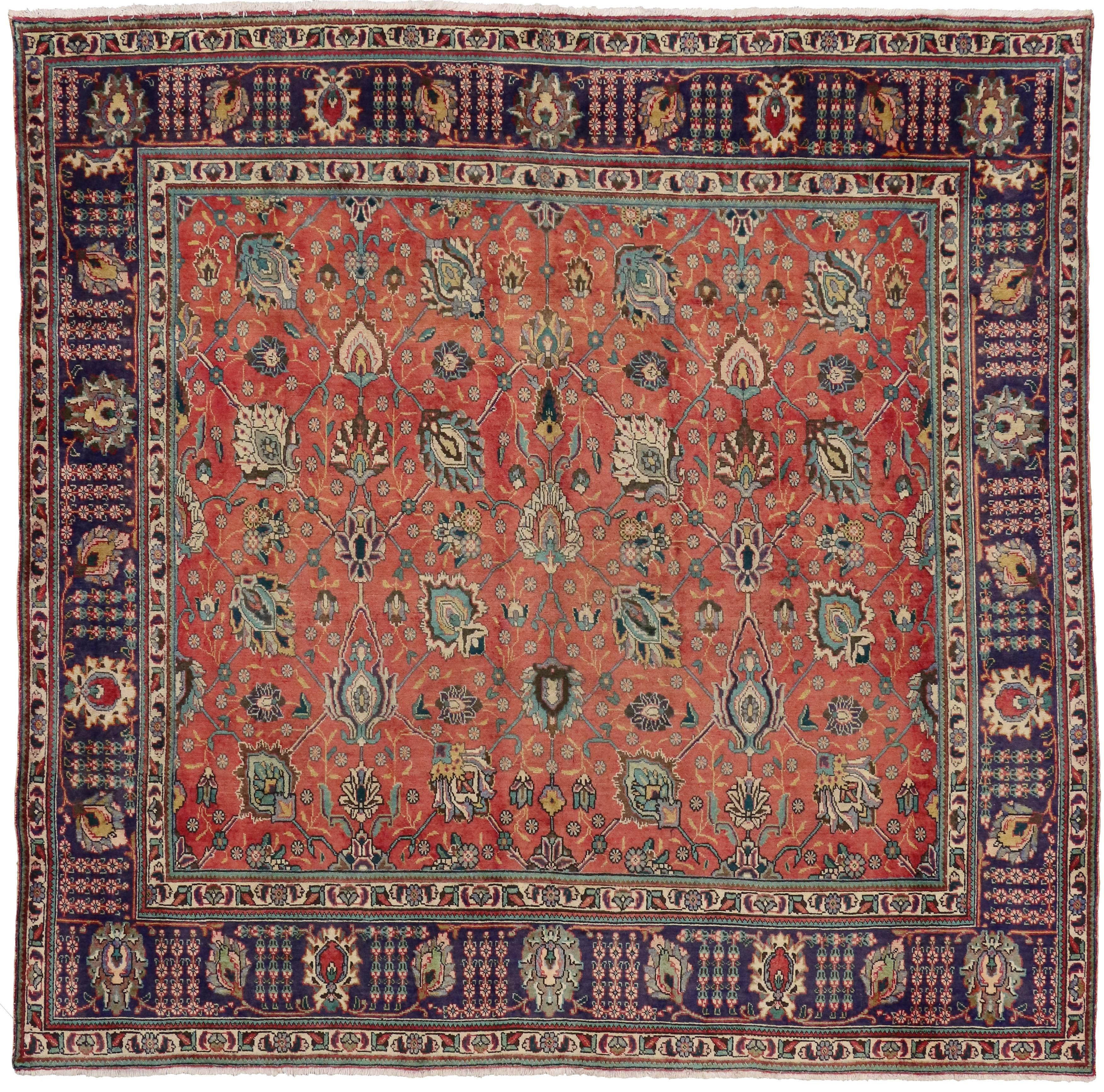 20th Century Vintage Persian Tabriz Rug with Traditional Style, Persian Square Rug