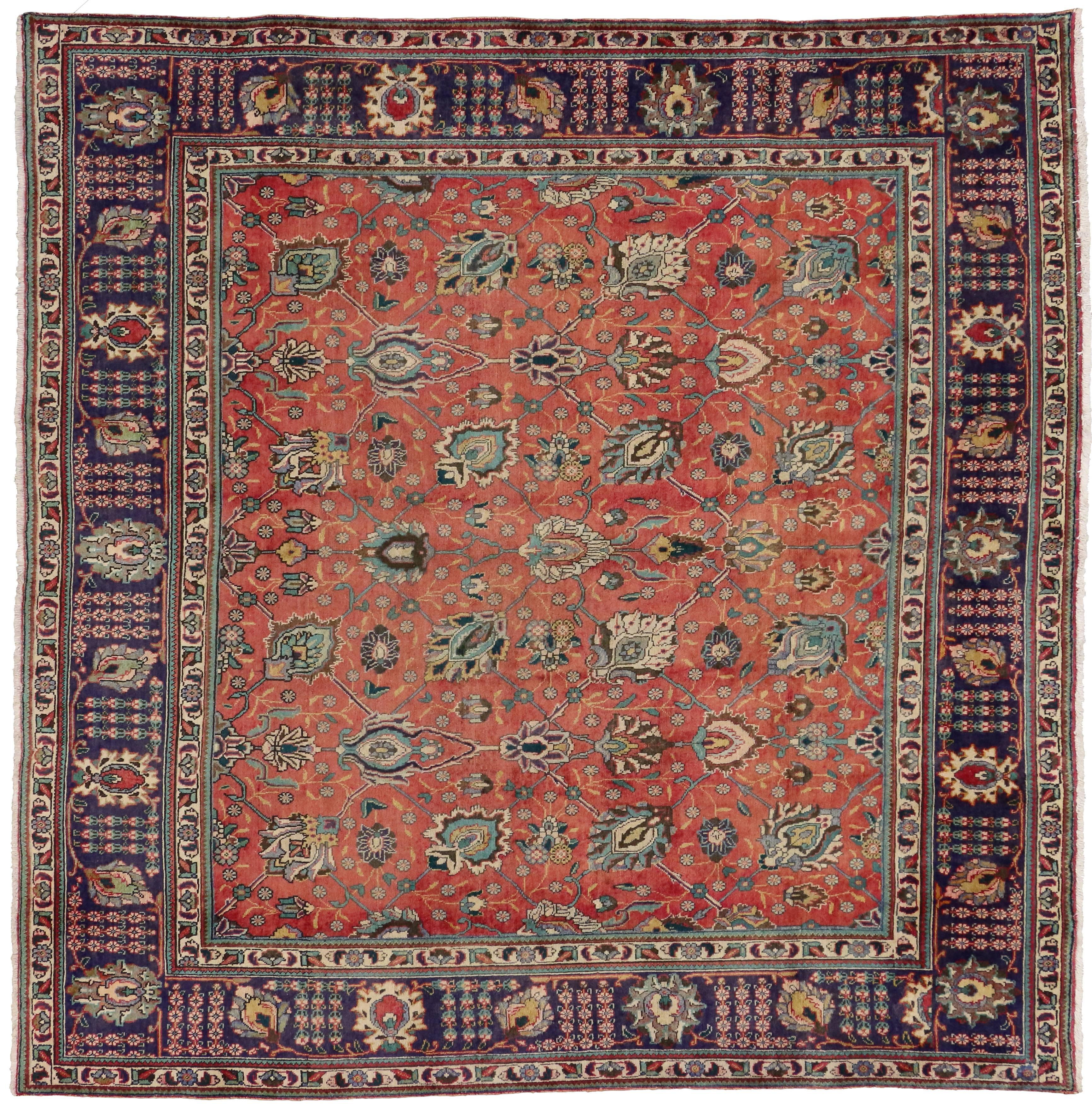 Wool Vintage Persian Tabriz Rug with Traditional Style, Persian Square Rug