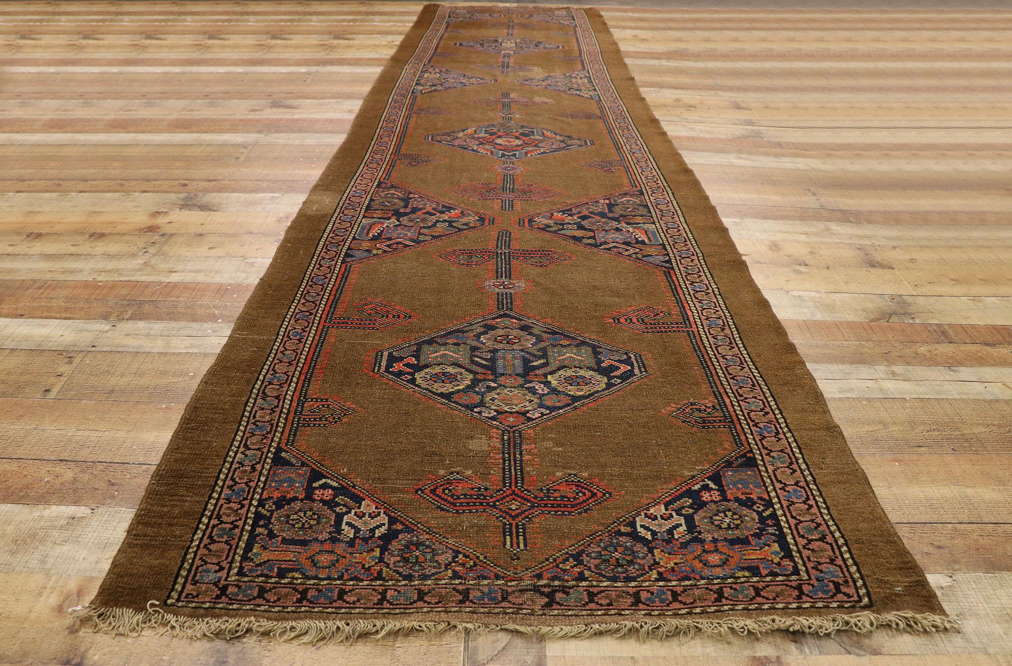 Wool Distressed Antique Persian Malayer Runner For Sale