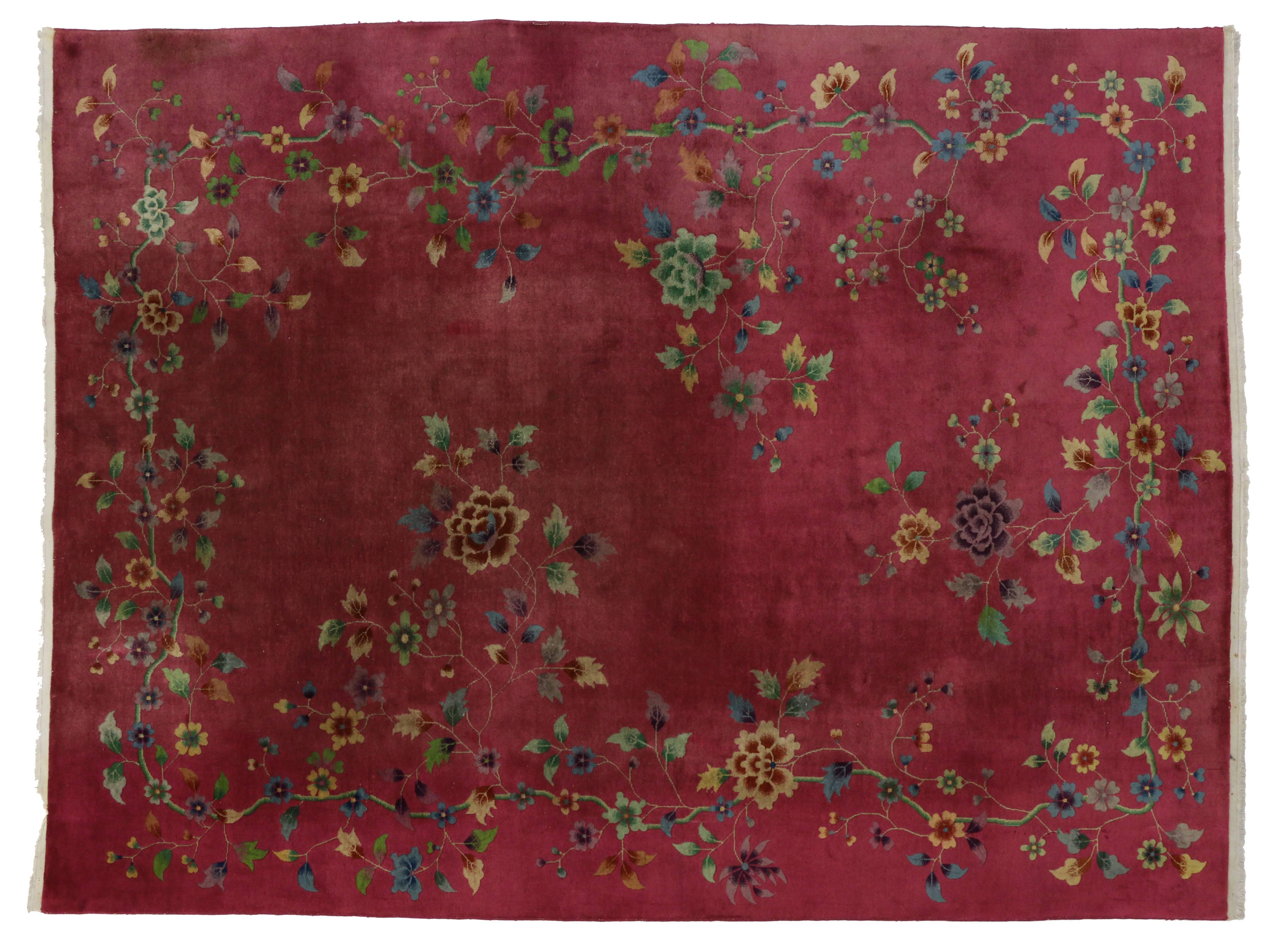 Fuchsia-Raspberry, Early 20th Century Antique Chinese Art Deco Rug In Good Condition In Dallas, TX