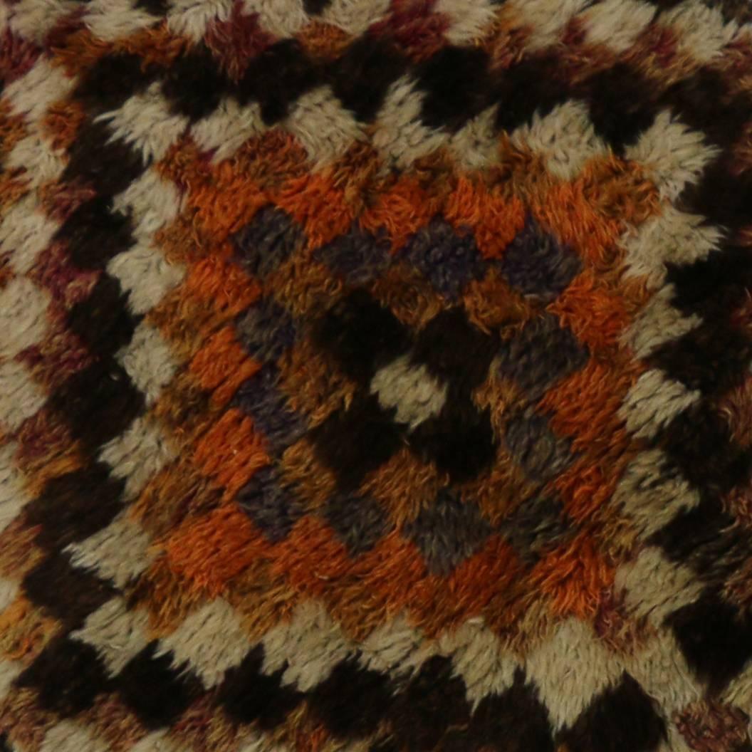 Hand-Knotted Vintage Turkish Tulu Runner with Checker Pattern and Bauhaus Cubism Style