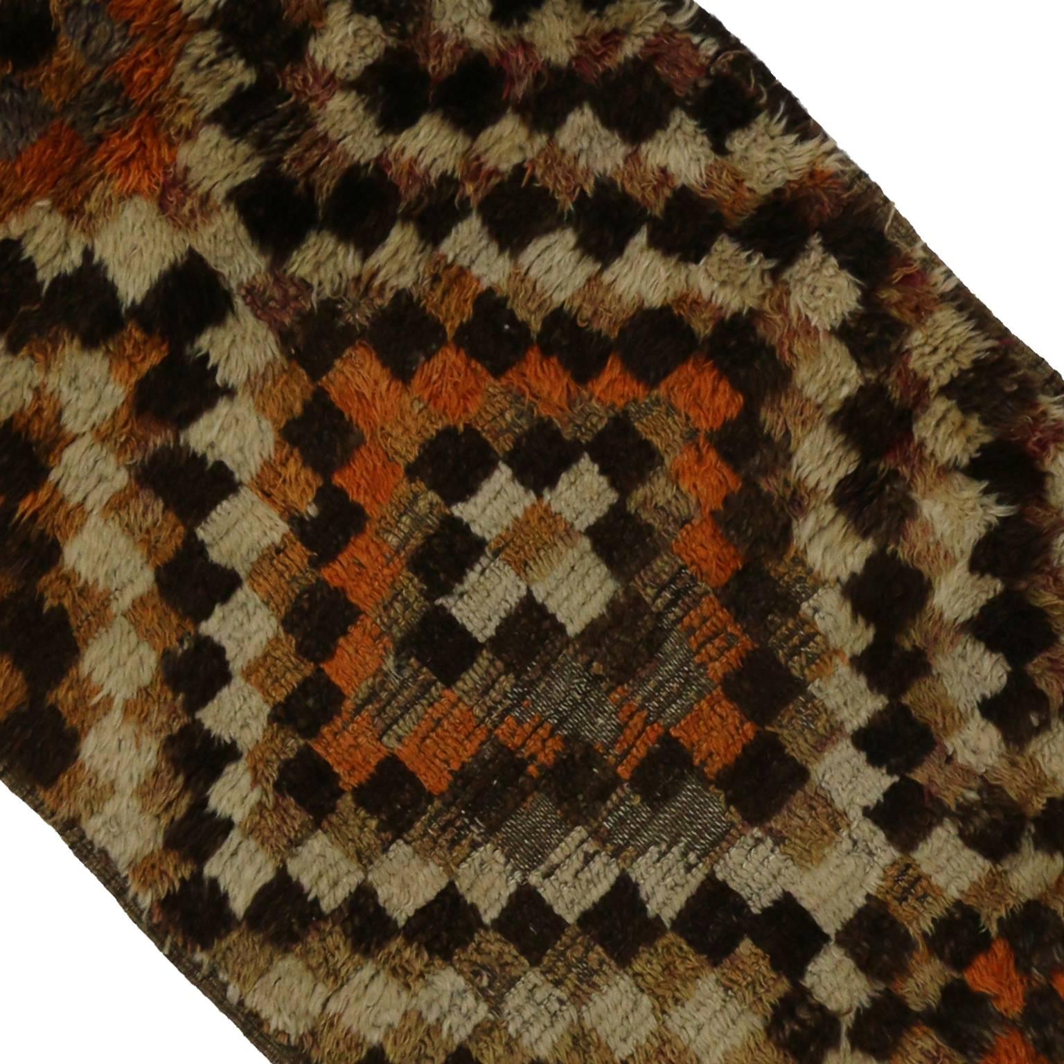 20th Century Vintage Turkish Tulu Runner with Checker Pattern and Bauhaus Cubism Style