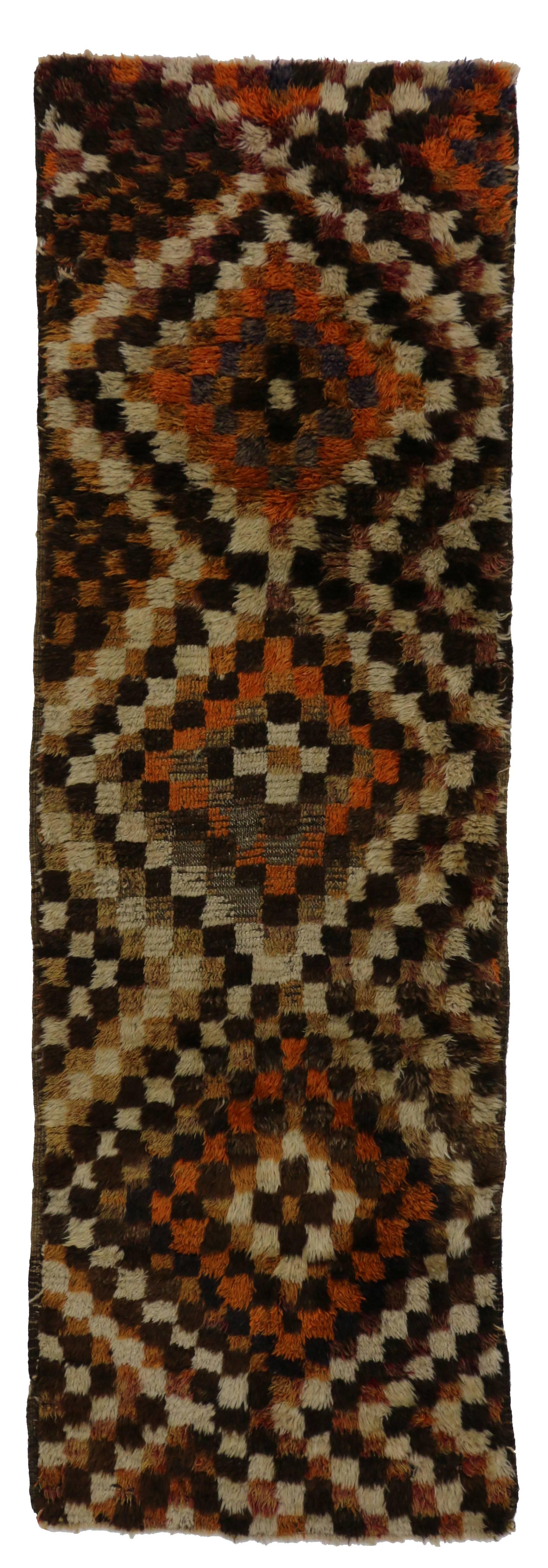 Wool Vintage Turkish Tulu Runner with Checker Pattern and Bauhaus Cubism Style