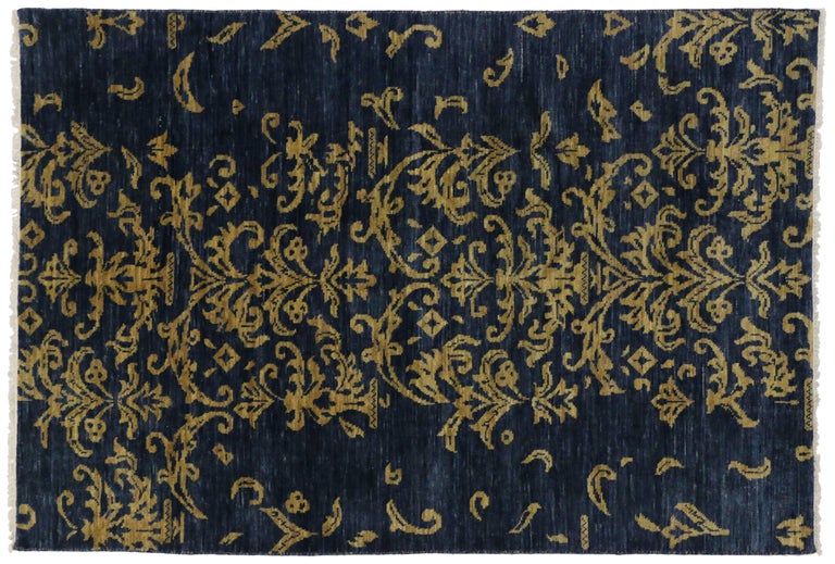 Navy Blue and Gold Area Rug with Hollywood Regency Style at 1stDibs