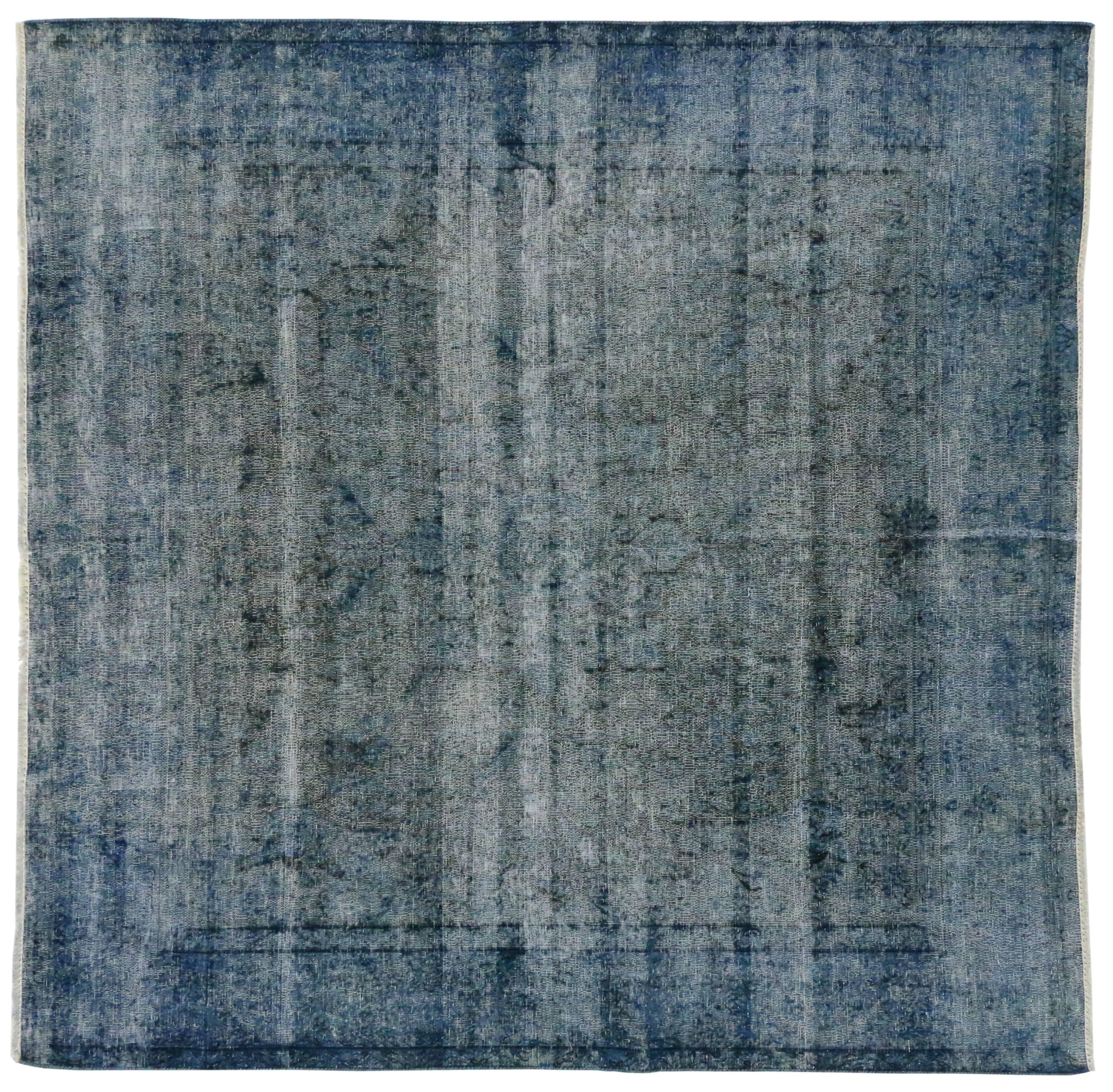 Distressed Overdyed Blue Persian Rug with Modern Industrial Style, Square Rug In Distressed Condition In Dallas, TX
