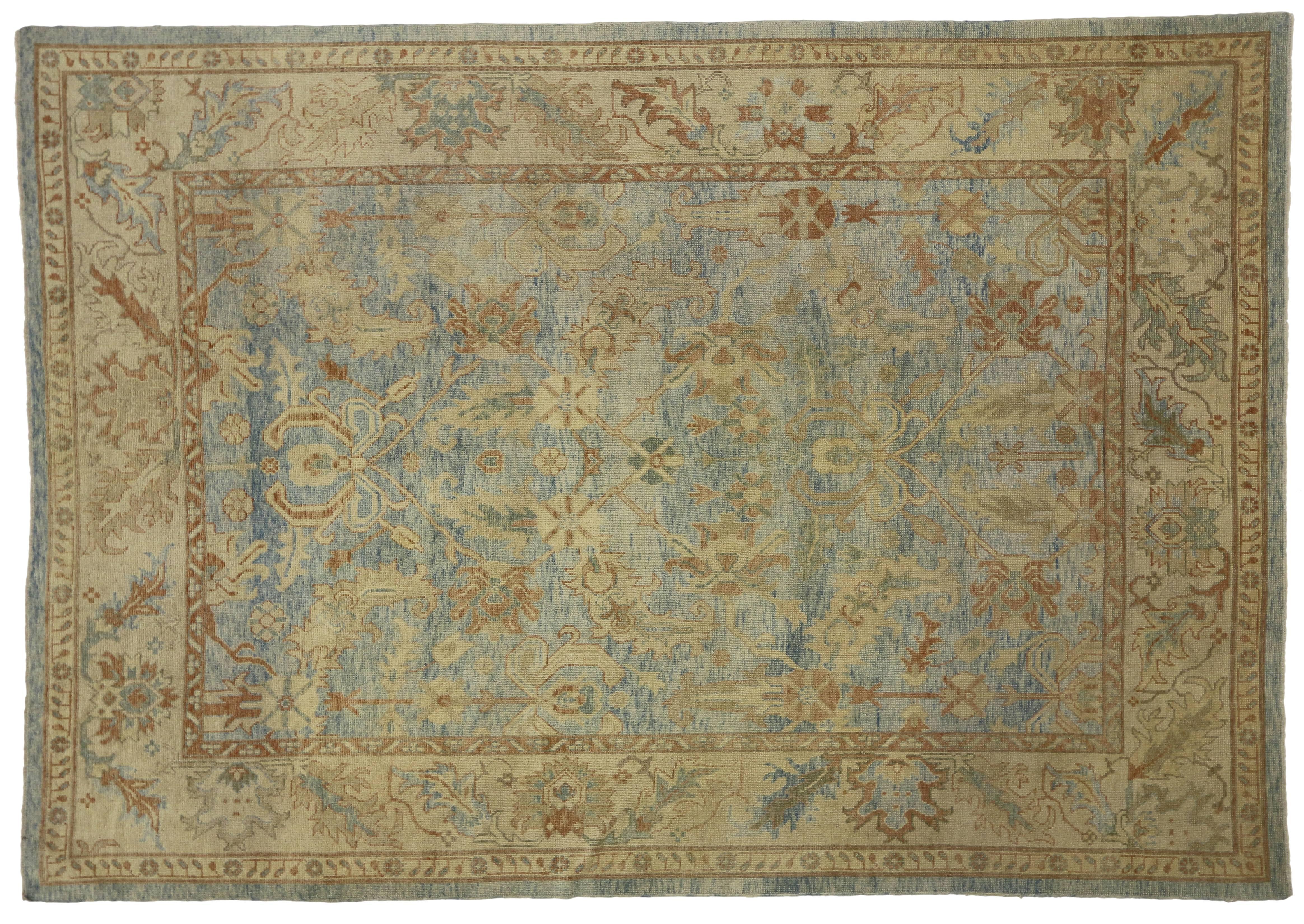 New Contemporary Turkish Oushak Rug with Coastal Cottage Style, Hampton's Chic For Sale 3